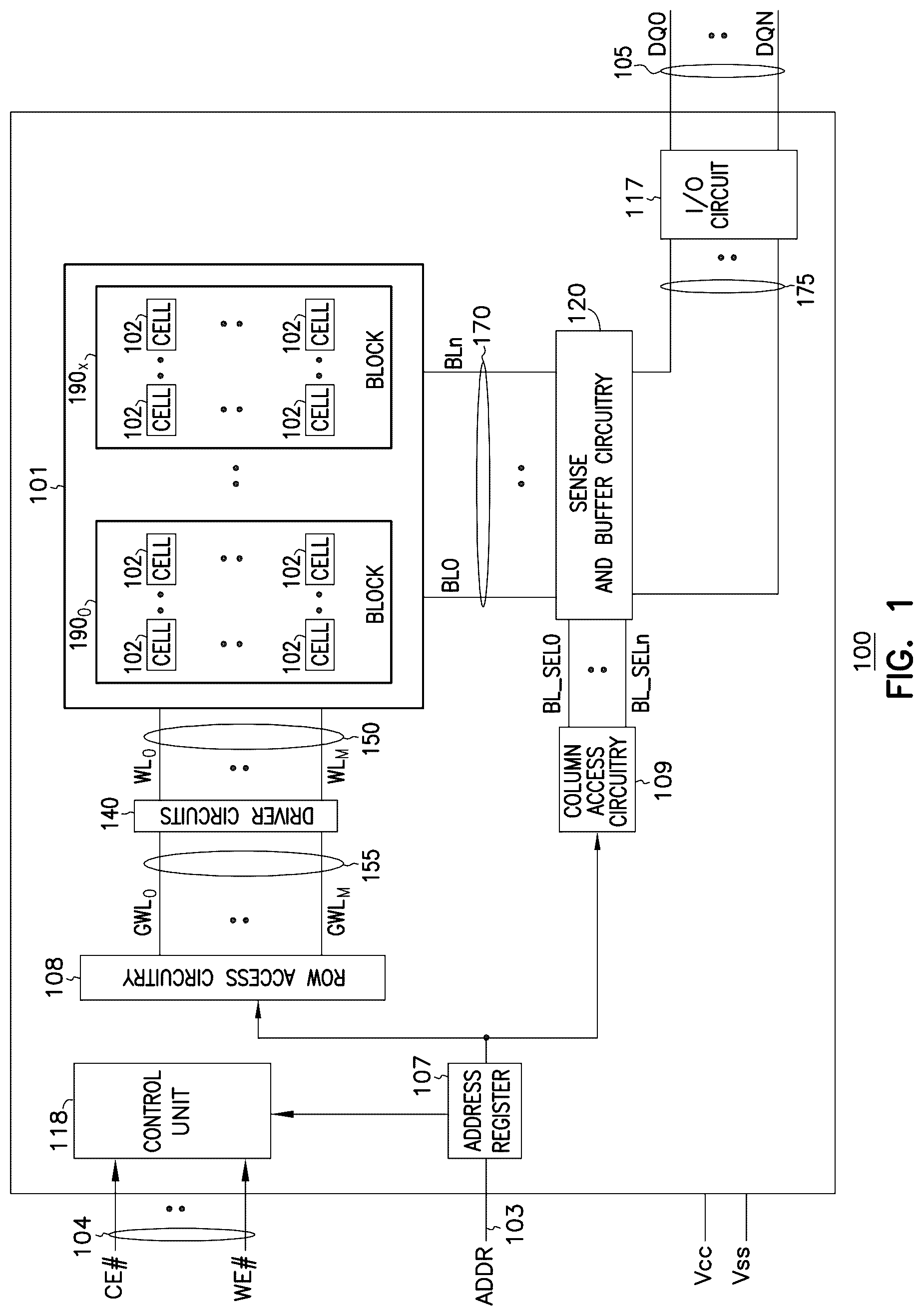 Patent US12100454 Figure 1 – Memory device including in-tier driver circuit