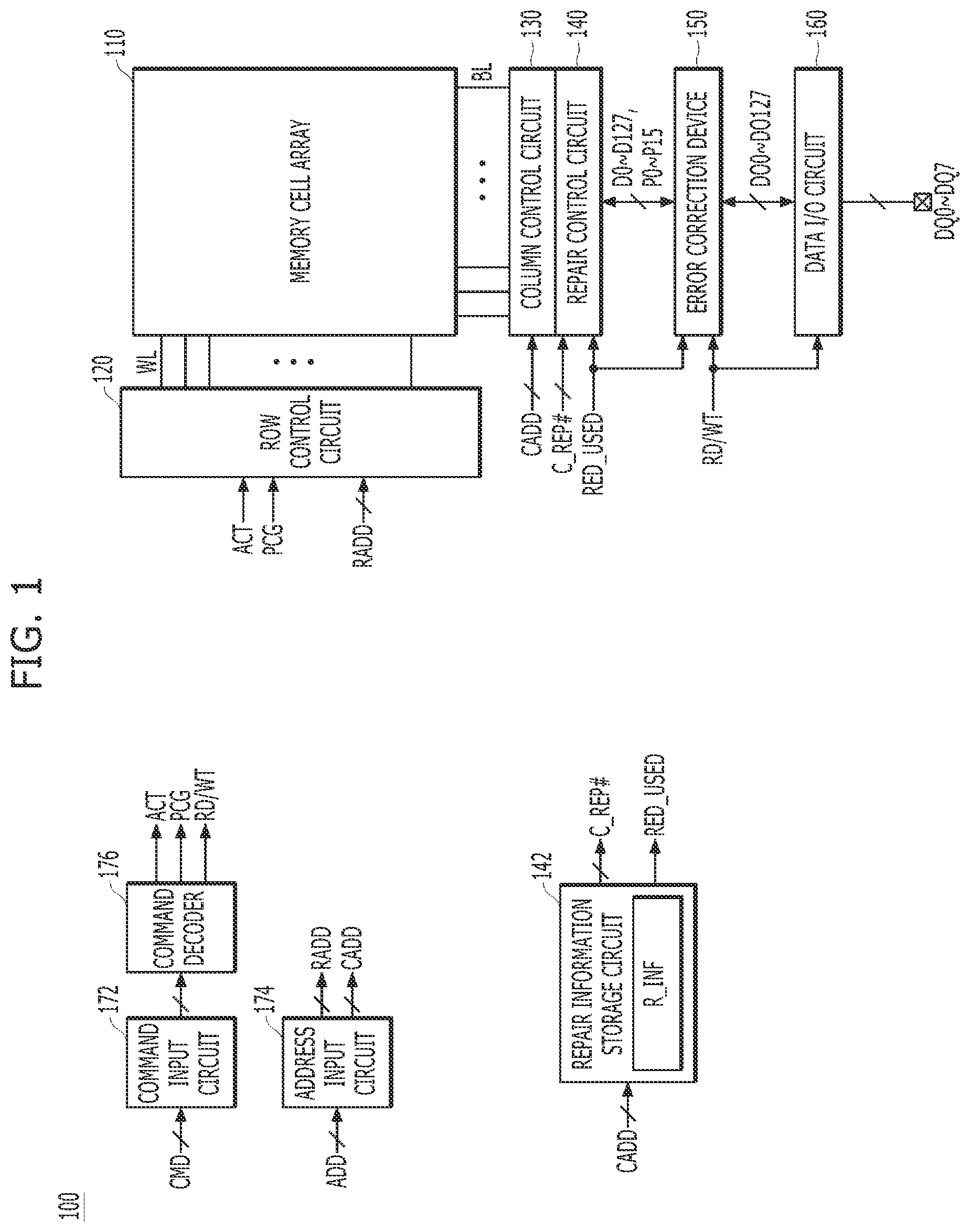 Patent US12100466 Figure 1 – Memory device including error correction device