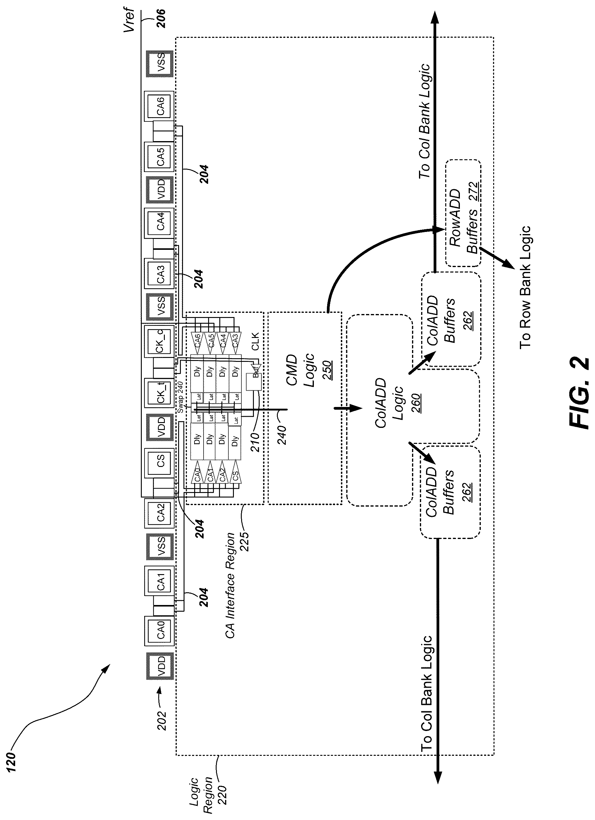 Patent US12100471 Figure 2 – Command and address interface regions, and associated devices and systems