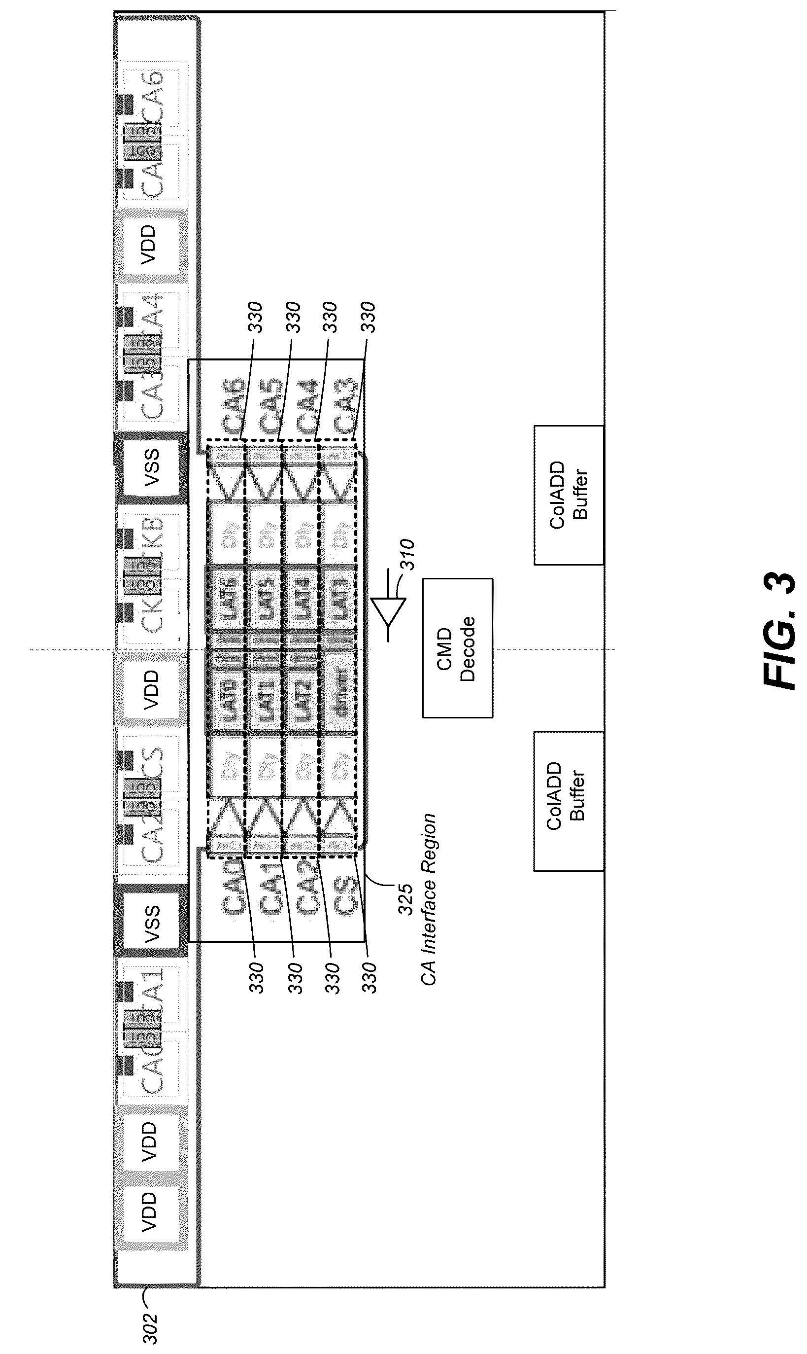 Patent US12100471 Figure 3 – Command and address interface regions, and associated devices and systems