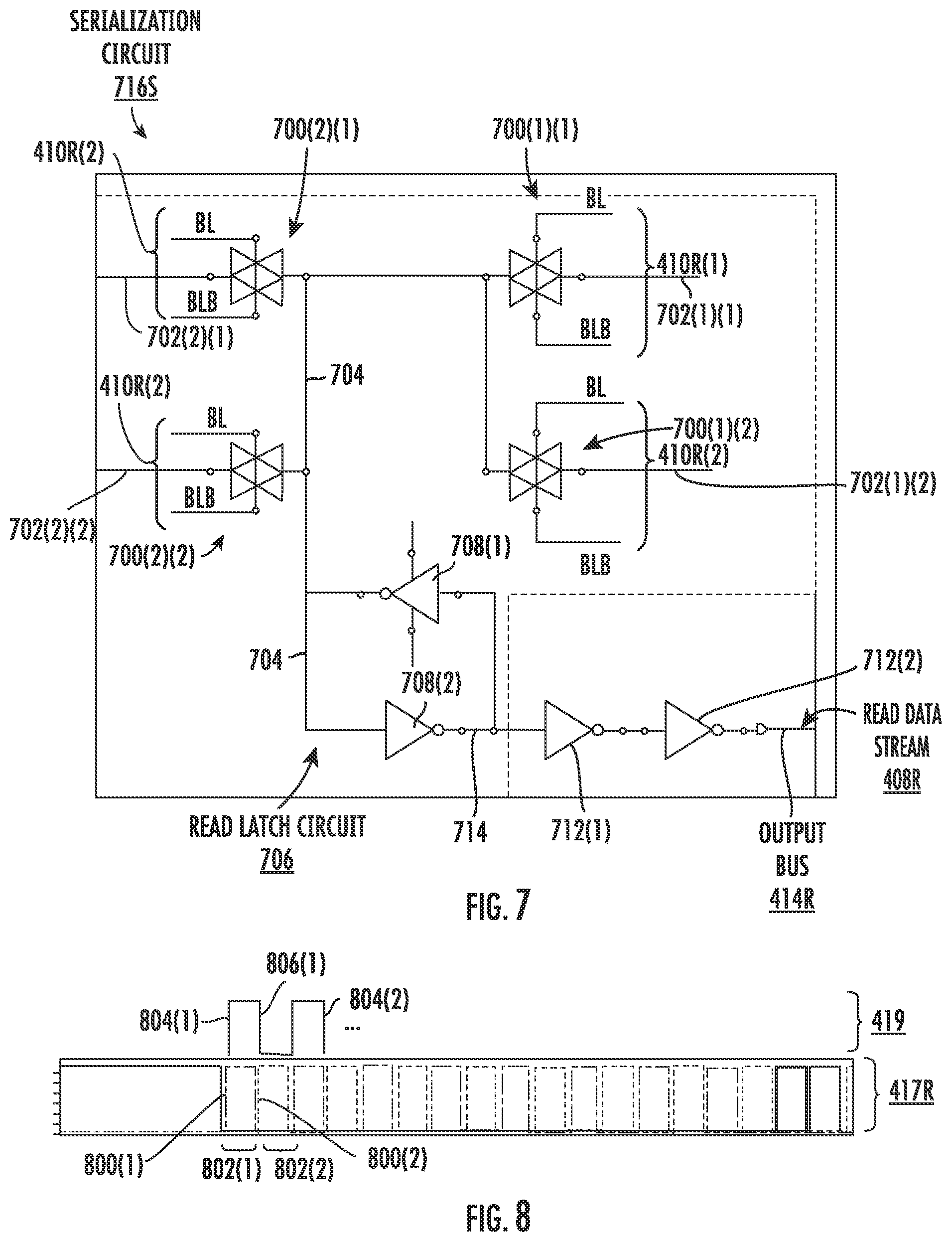Patent US12100473 Figure 7 – Computer memory arrays employing memory banks and integrated serializer/de-serializer circuits for supporting serialization/de-serialization of read/write data in burst read/write modes, and related methods