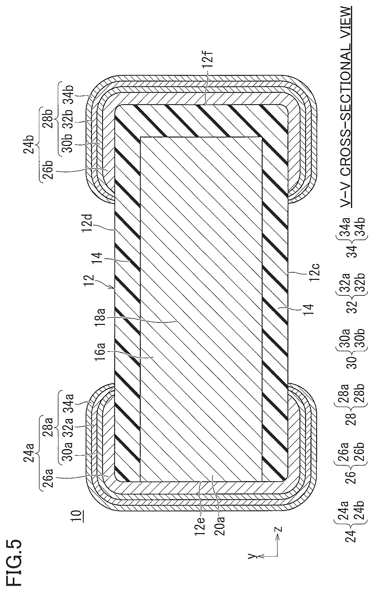 Patent US12100558 Figure 5 – Multilayer ceramic electronic component including multilayer external electrodes with diffused metal in an underlying electrode layer