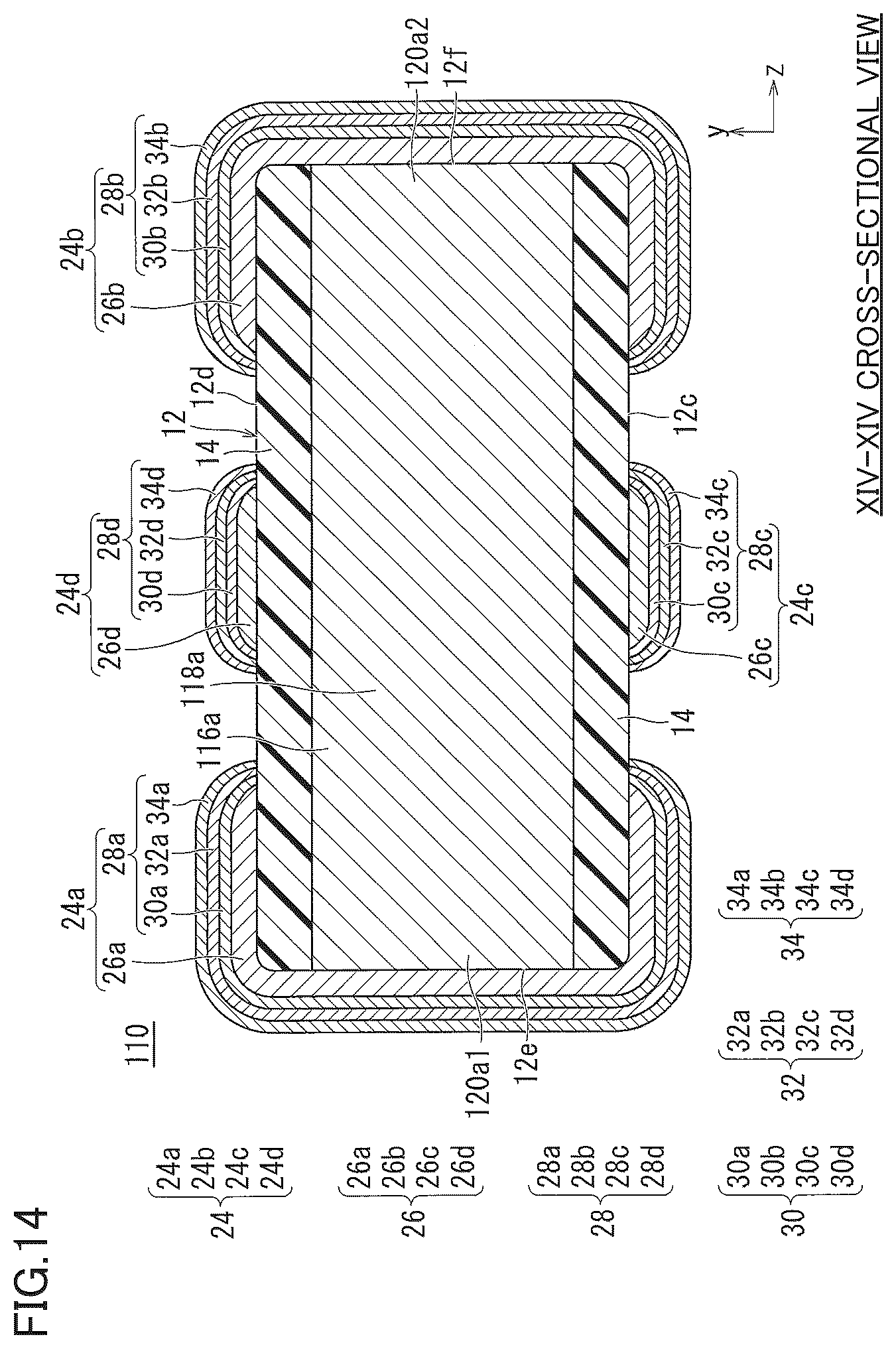 Patent US12100558 Figure 13 – Multilayer ceramic electronic component including multilayer external electrodes with diffused metal in an underlying electrode layer