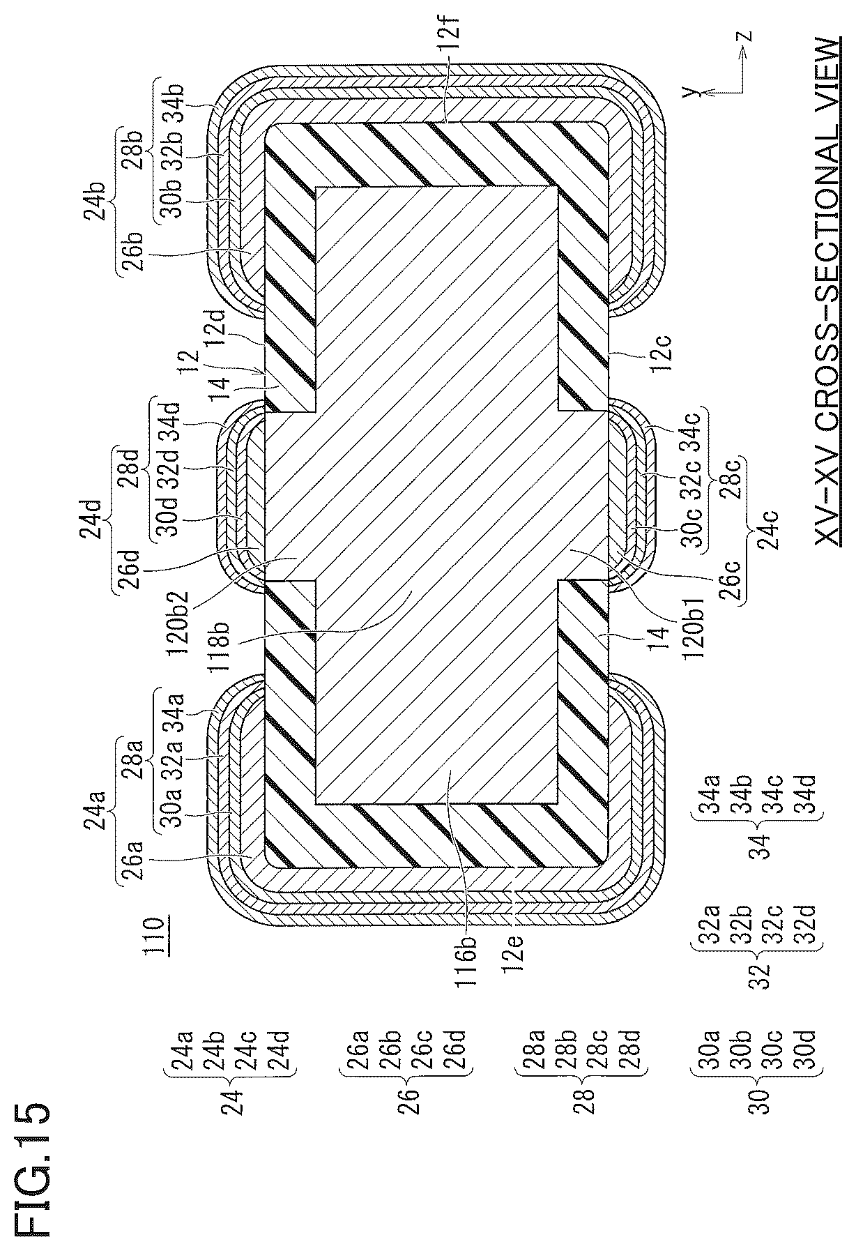 Patent US12100558 Figure 14 – Multilayer ceramic electronic component including multilayer external electrodes with diffused metal in an underlying electrode layer