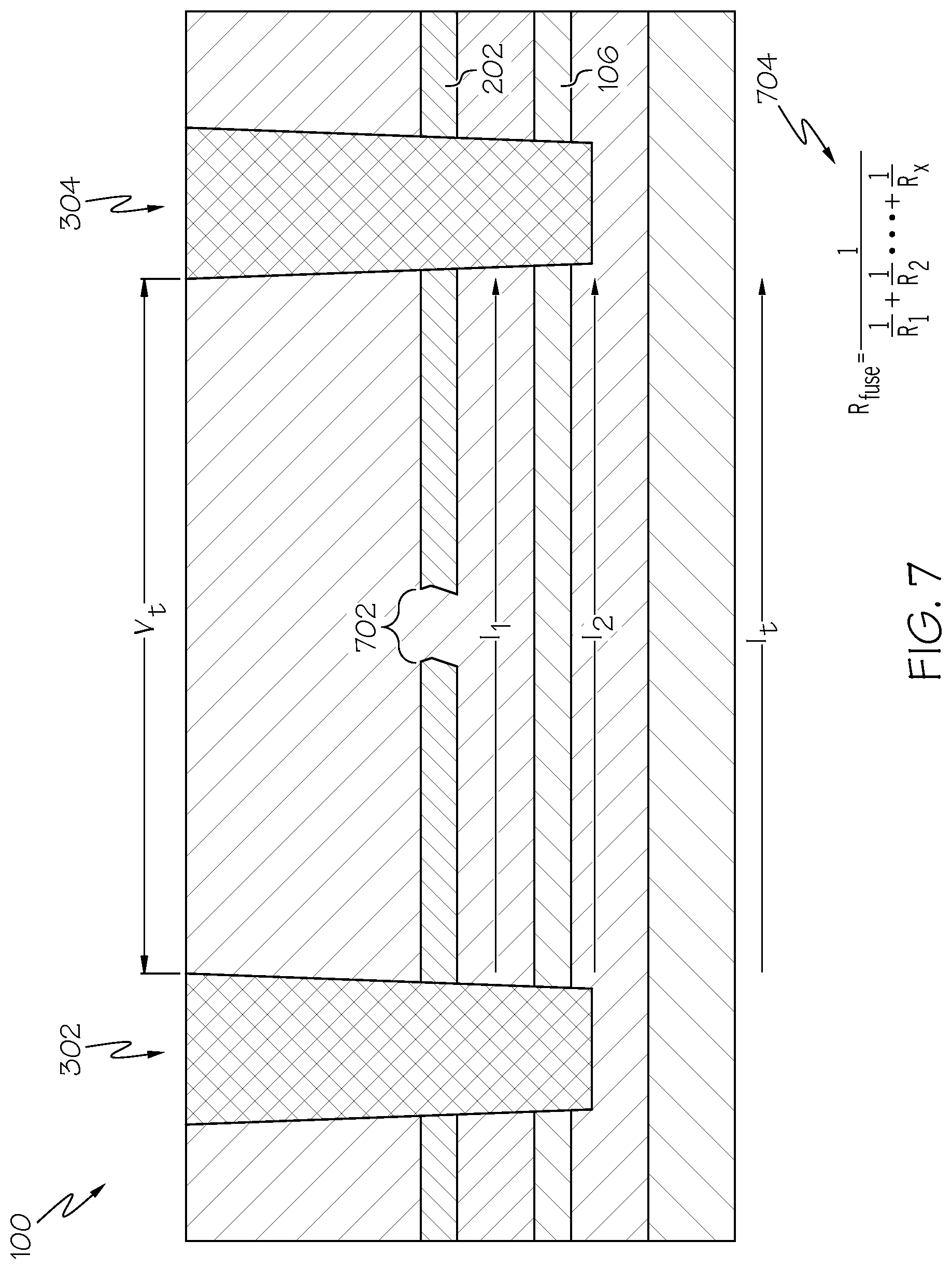 Patent US12100653 Figure 7 – Resistance tunable fuse structure formed by embedded thin metal layers