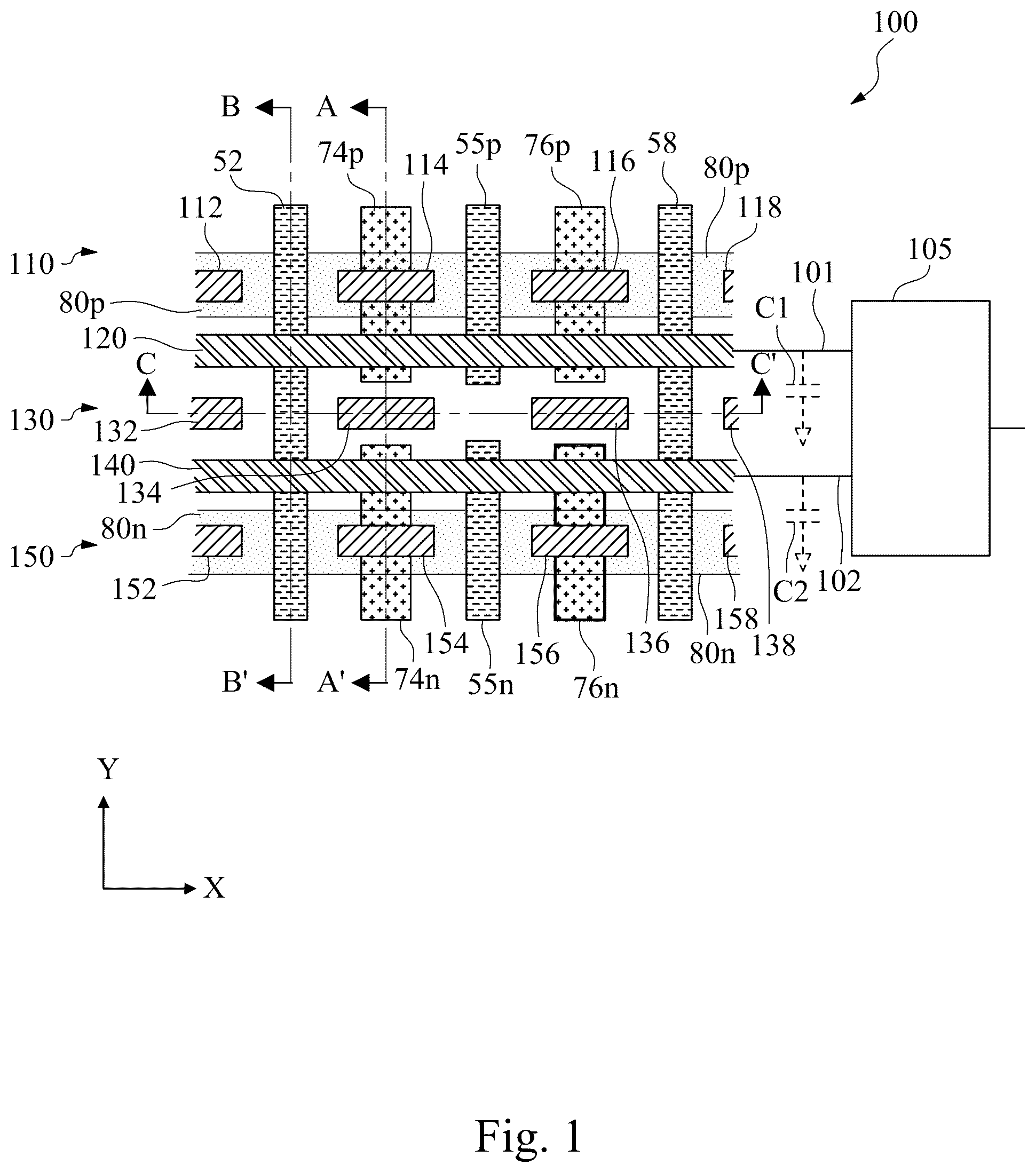 Patent US12100655 — Integrated circuits having signal lines formed with double patterning — Figure 1