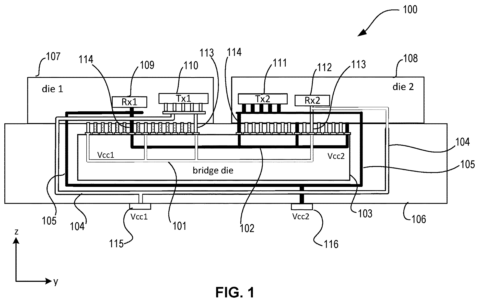Patent US12100662 Figure 1 – Power-forwarding bridge for inter-chip data signal transfer