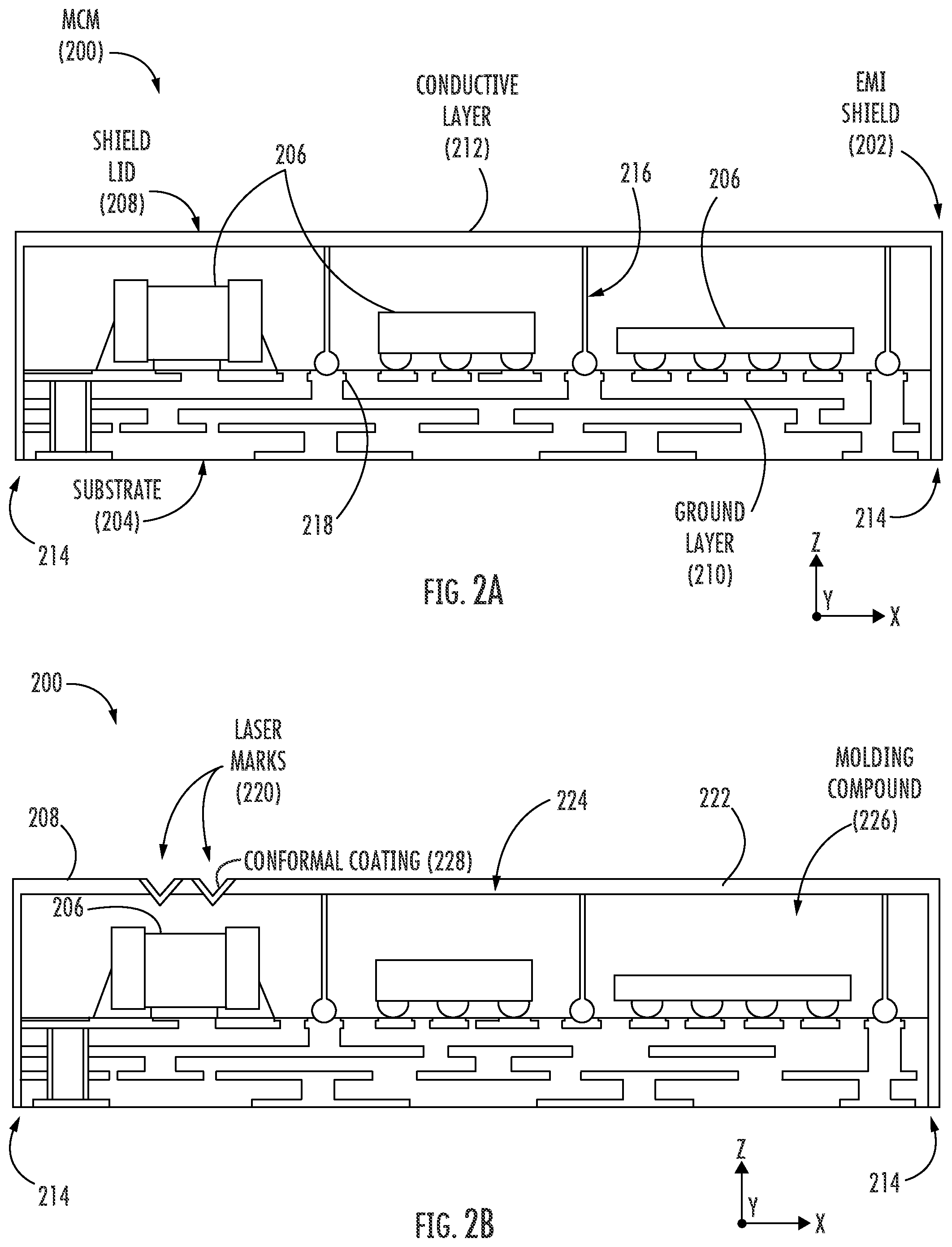 Patent US12100669 Figure 2 – Multi-component modules (MCMs) including configurable electromagnetic isolation (EMI) shield structures and related methods