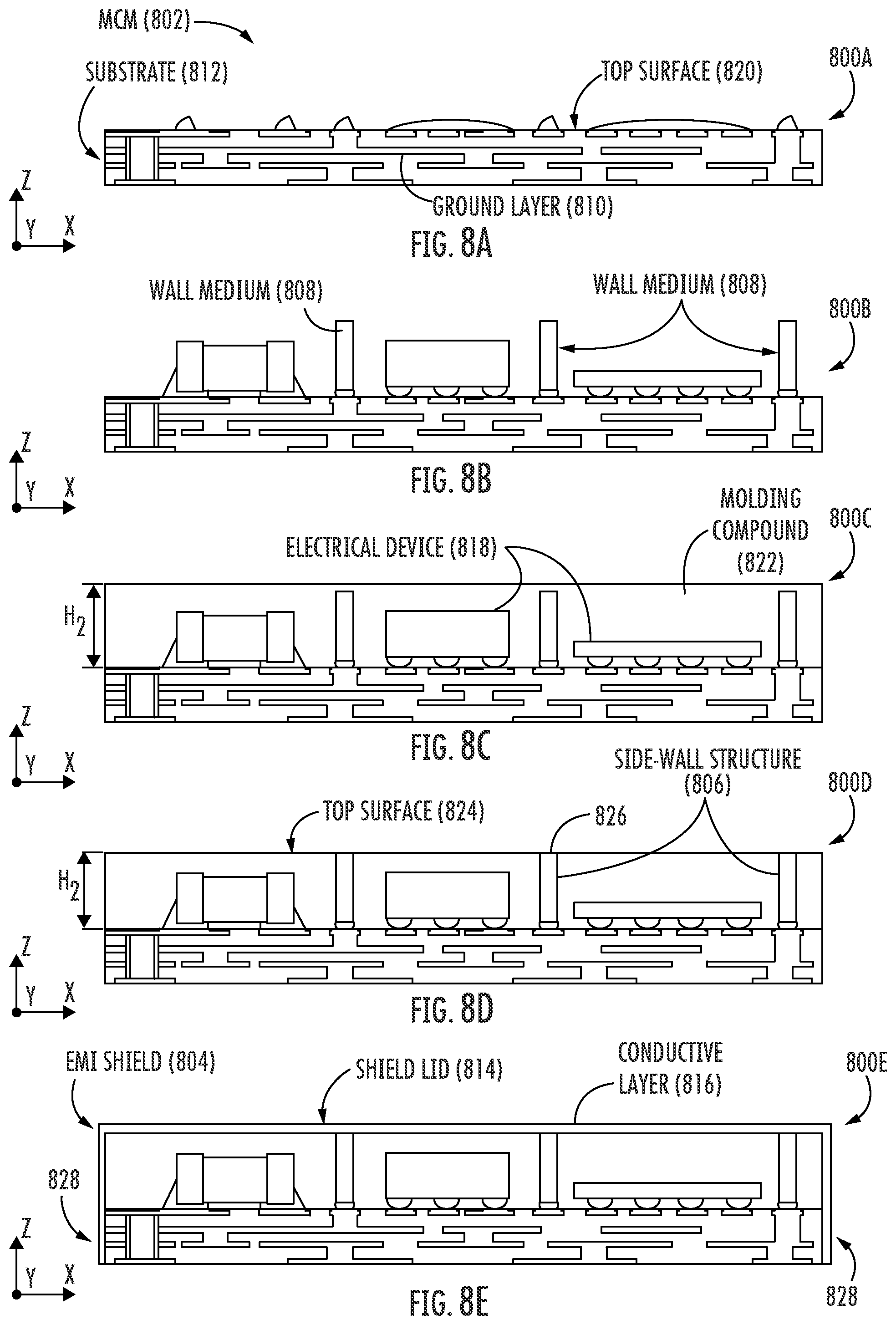 Patent US12100669 Figure 8 – Multi-component modules (MCMs) including configurable electromagnetic isolation (EMI) shield structures and related methods