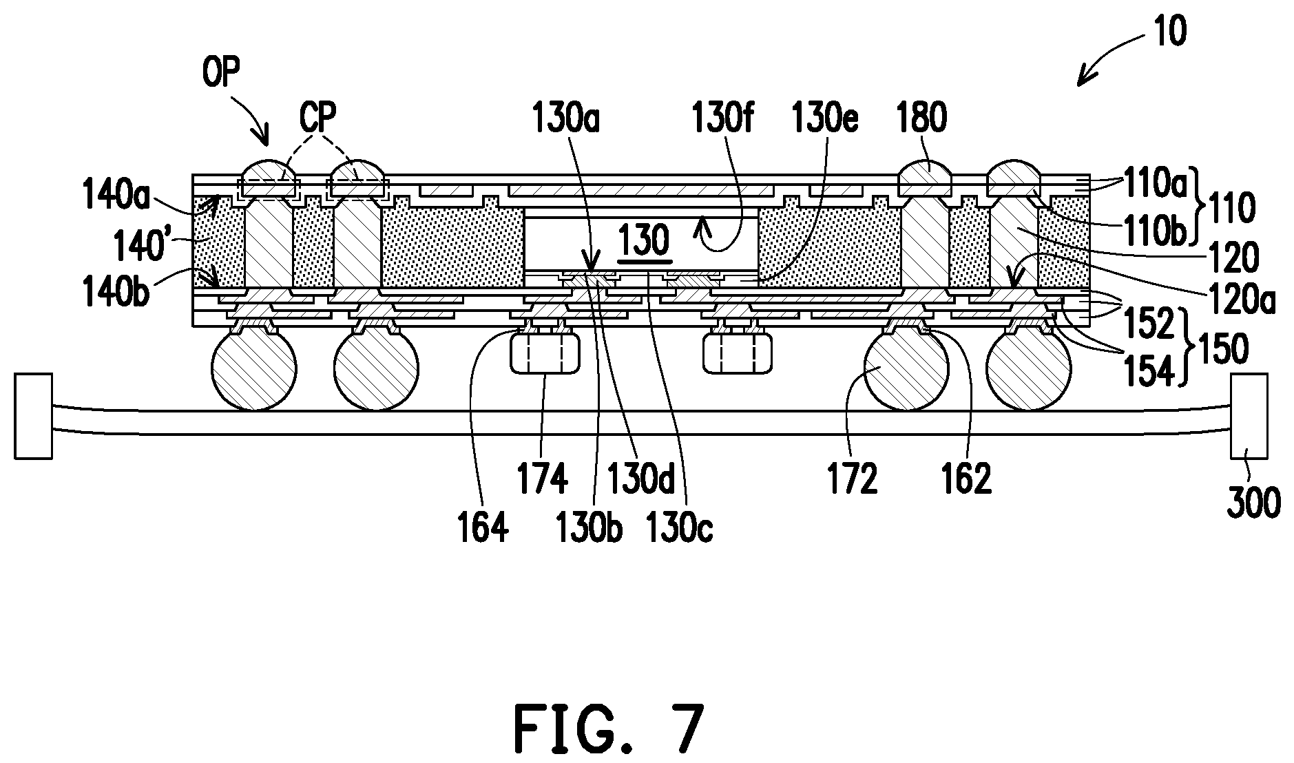 Patent US12100682 Figure 4 – Package structure with conductive patterns in a redistribution layer