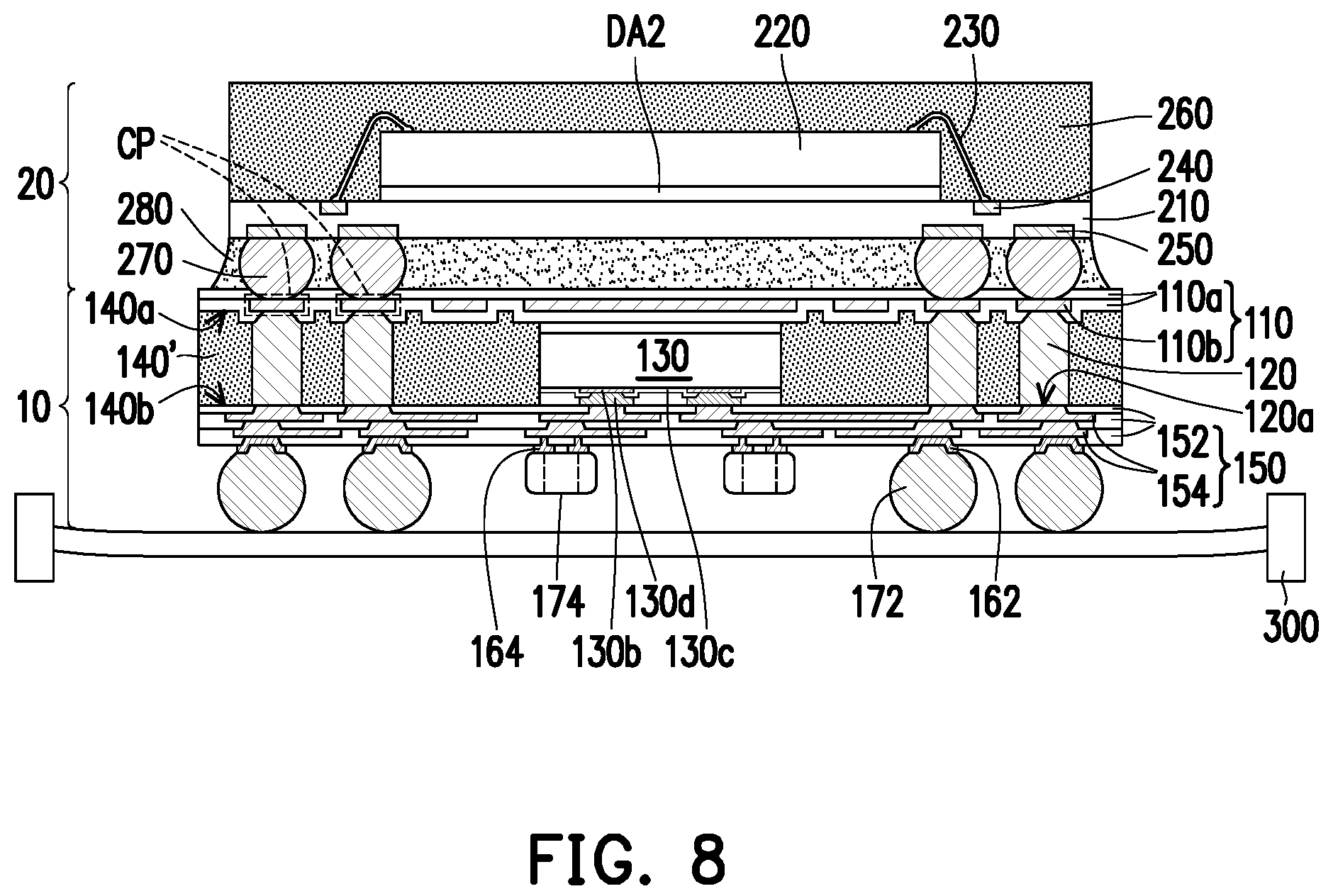 Patent US12100682 Figure 5 – Package structure with conductive patterns in a redistribution layer