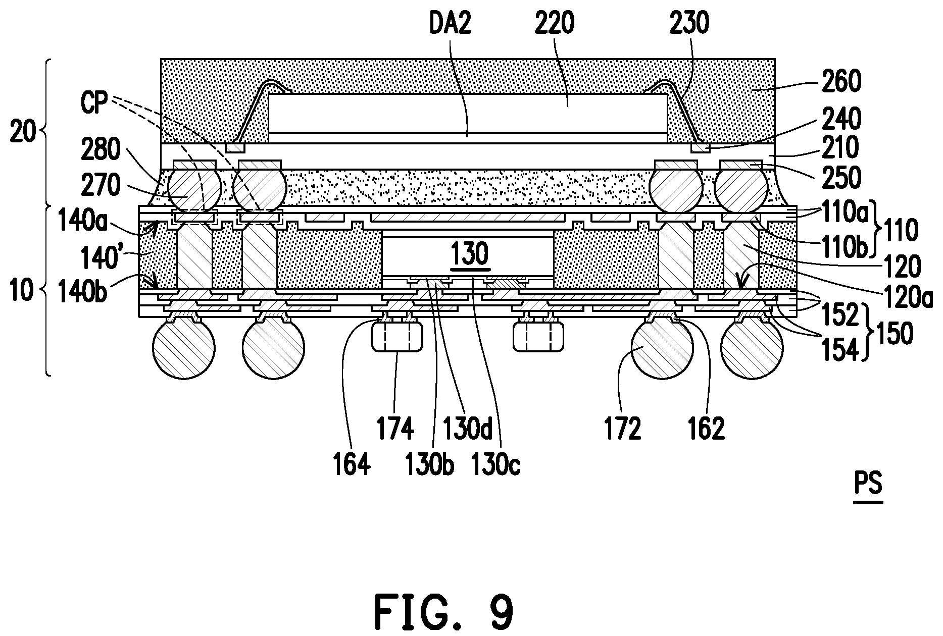 Patent US12100682 Figure 6 – Package structure with conductive patterns in a redistribution layer