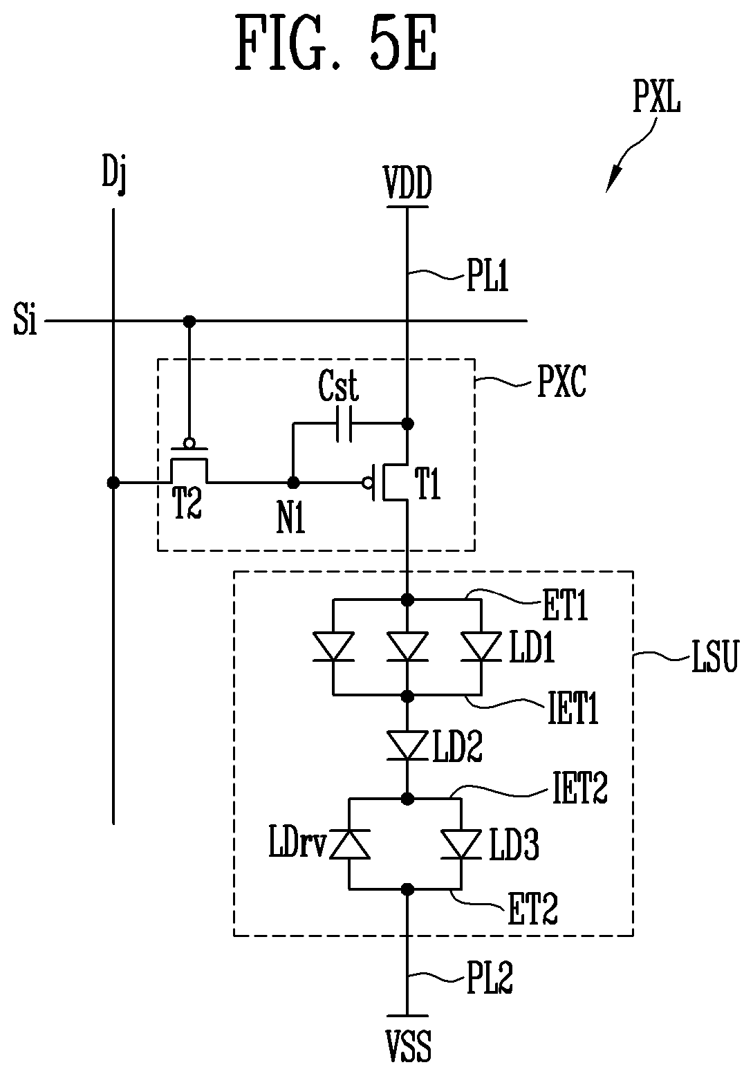 Patent US12100710 Figure 8 – Pixel in a display area having a plurality of repair patterns/circuit overlapping between a pair of plurality of electrodes including a first electrode and a second electrode that are spaced apart from each other and an intermediate electrode arranged between the first electrode and the second electrode, and display device comprising the pixel