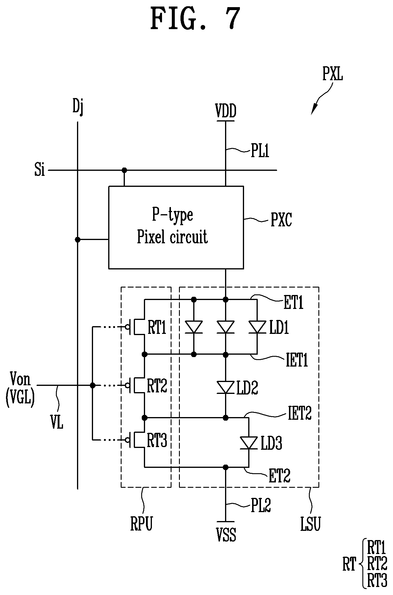 Patent US12100710 Figure 12 – Pixel in a display area having a plurality of repair patterns/circuit overlapping between a pair of plurality of electrodes including a first electrode and a second electrode that are spaced apart from each other and an intermediate electrode arranged between the first electrode and the second electrode, and display device comprising the pixel