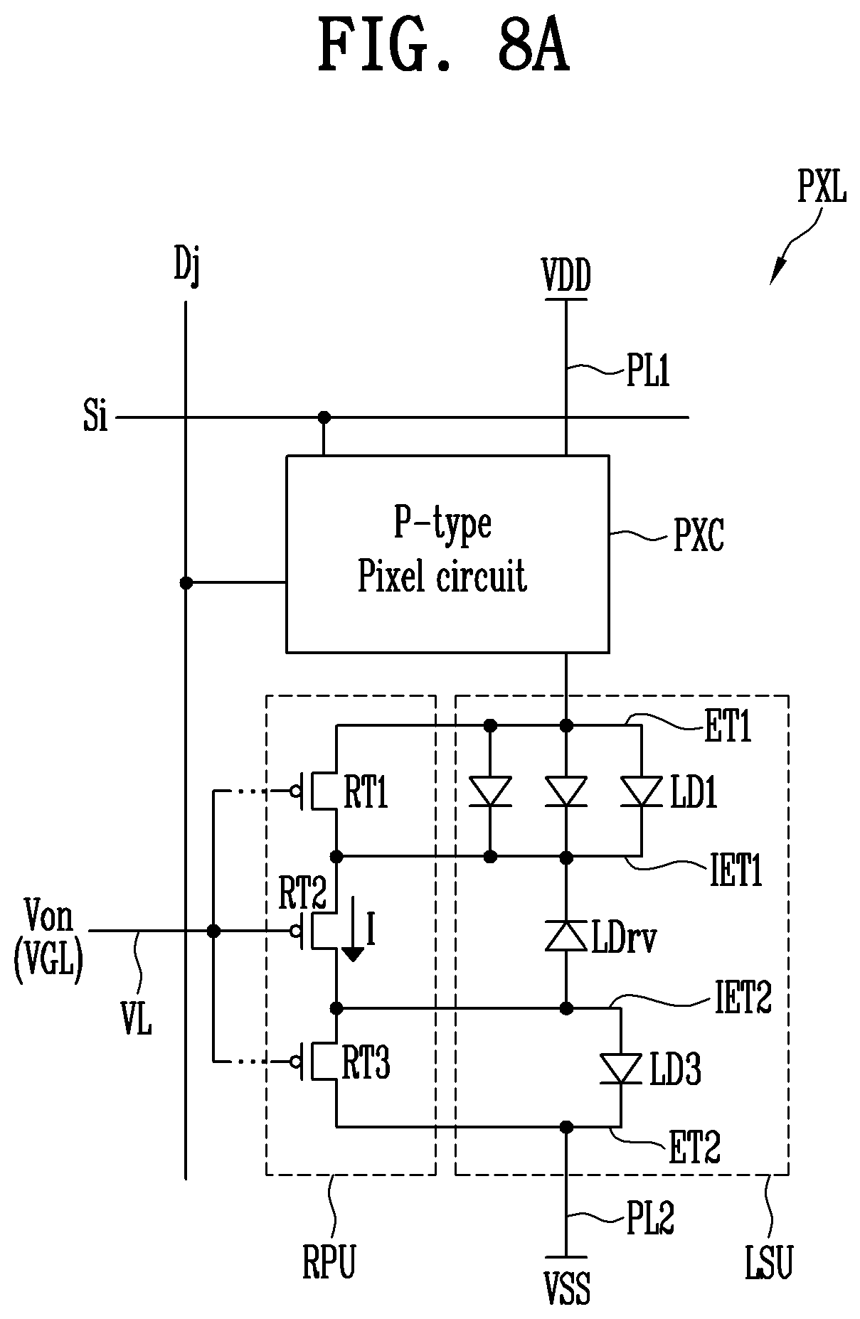 Patent US12100710 Figure 13 – Pixel in a display area having a plurality of repair patterns/circuit overlapping between a pair of plurality of electrodes including a first electrode and a second electrode that are spaced apart from each other and an intermediate electrode arranged between the first electrode and the second electrode, and display device comprising the pixel