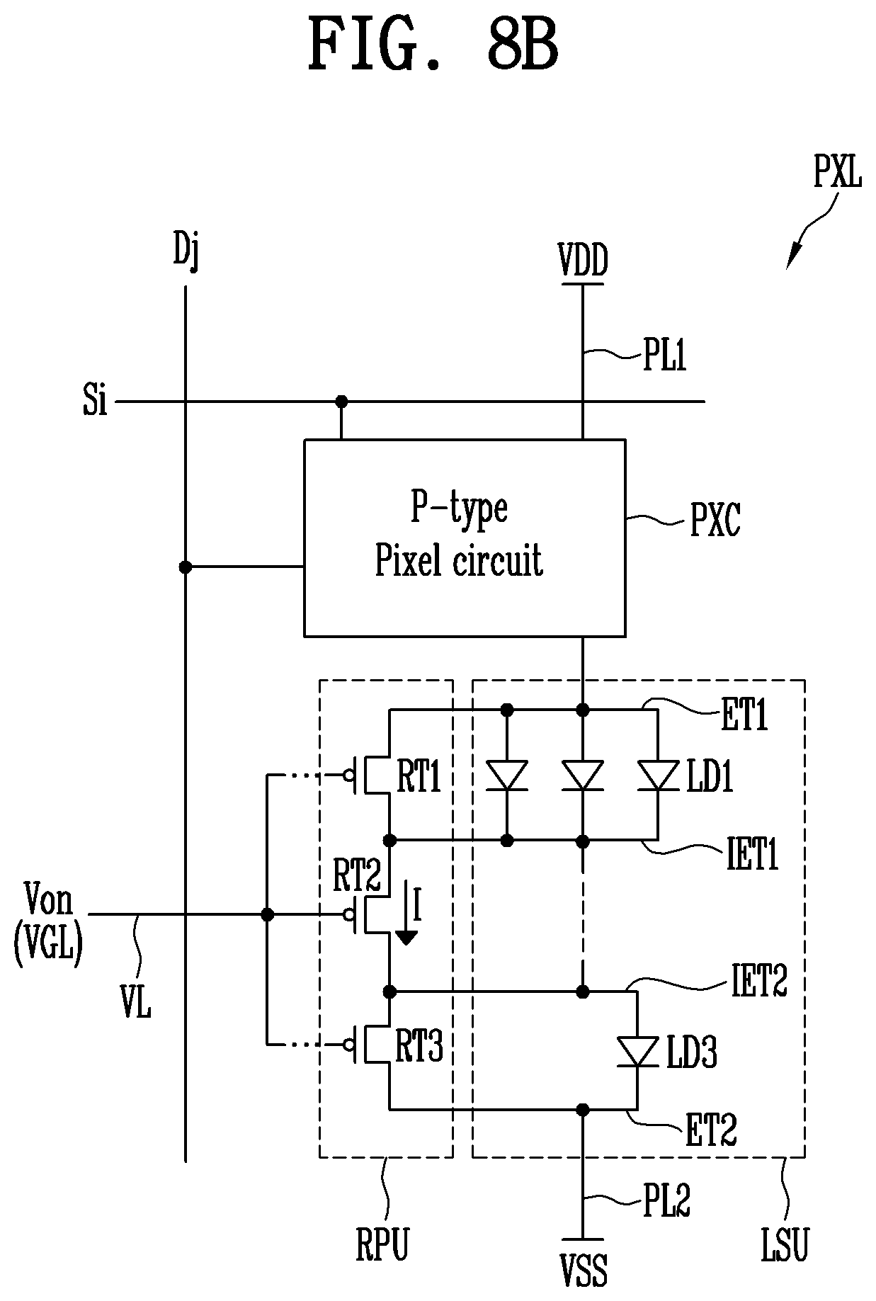 Patent US12100710 Figure 14 – Pixel in a display area having a plurality of repair patterns/circuit overlapping between a pair of plurality of electrodes including a first electrode and a second electrode that are spaced apart from each other and an intermediate electrode arranged between the first electrode and the second electrode, and display device comprising the pixel