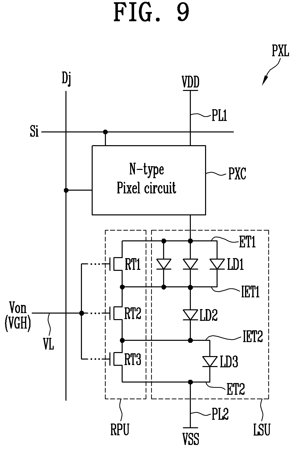 Patent US12100710 Figure 15 – Pixel in a display area having a plurality of repair patterns/circuit overlapping between a pair of plurality of electrodes including a first electrode and a second electrode that are spaced apart from each other and an intermediate electrode arranged between the first electrode and the second electrode, and display device comprising the pixel