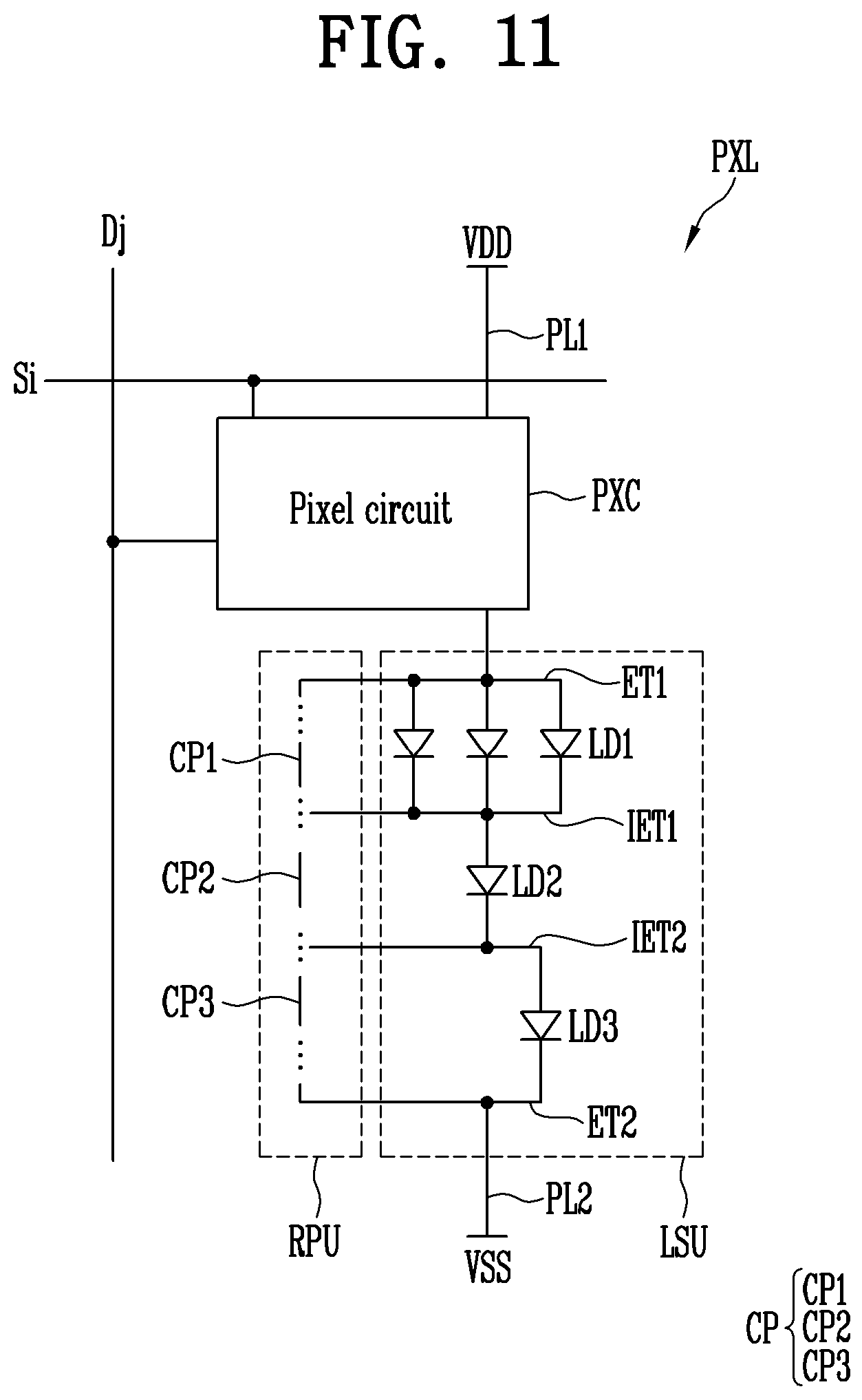 Patent US12100710 Figure 18 – Pixel in a display area having a plurality of repair patterns/circuit overlapping between a pair of plurality of electrodes including a first electrode and a second electrode that are spaced apart from each other and an intermediate electrode arranged between the first electrode and the second electrode, and display device comprising the pixel