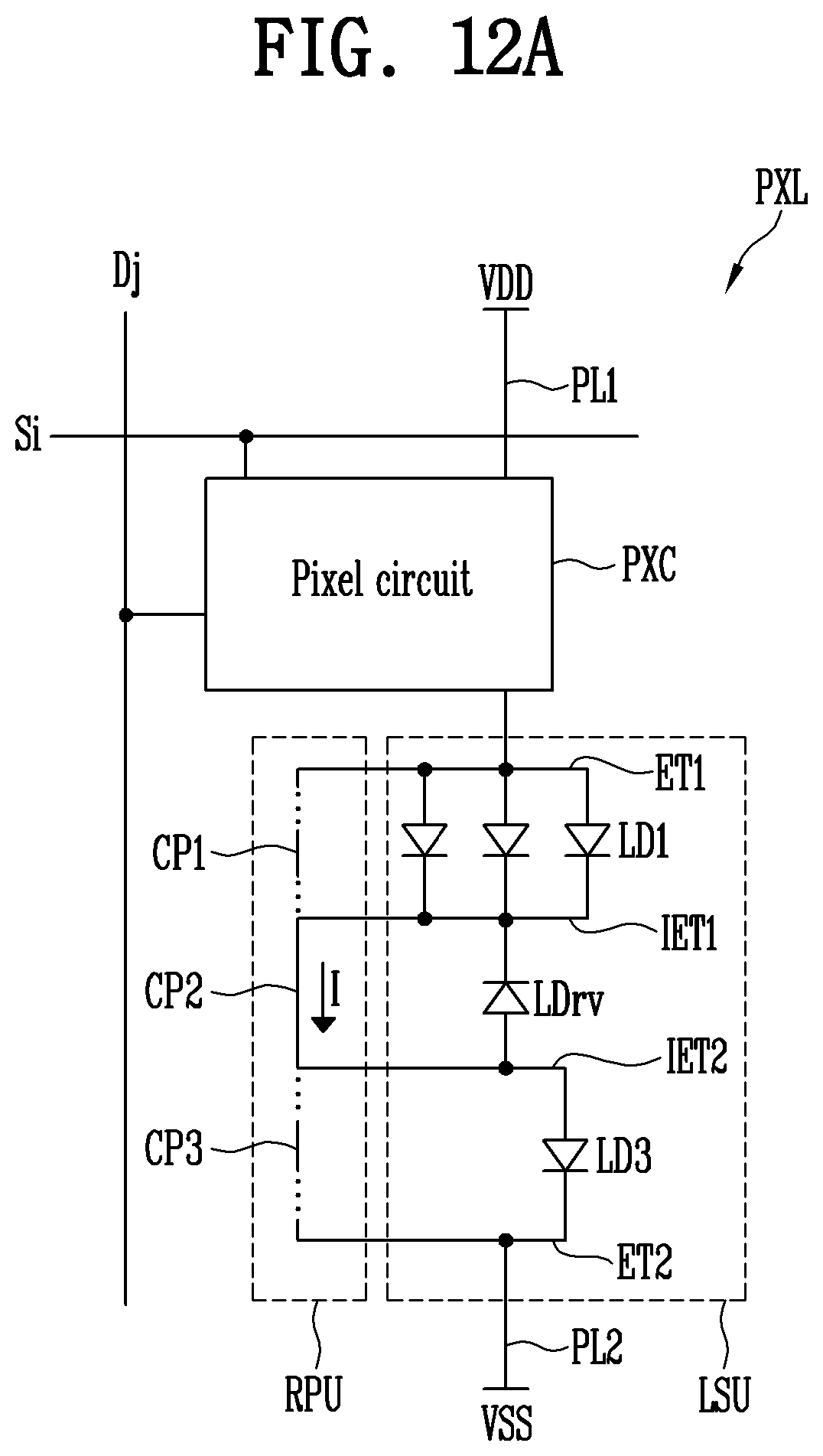 Patent US12100710 Figure 19 – Pixel in a display area having a plurality of repair patterns/circuit overlapping between a pair of plurality of electrodes including a first electrode and a second electrode that are spaced apart from each other and an intermediate electrode arranged between the first electrode and the second electrode, and display device comprising the pixel