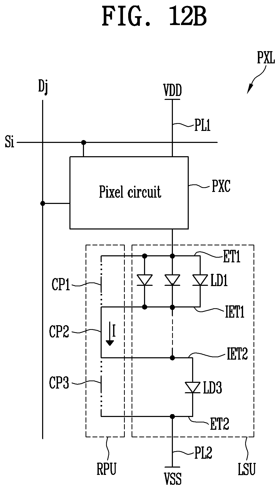 Patent US12100710 Figure 20 – Pixel in a display area having a plurality of repair patterns/circuit overlapping between a pair of plurality of electrodes including a first electrode and a second electrode that are spaced apart from each other and an intermediate electrode arranged between the first electrode and the second electrode, and display device comprising the pixel