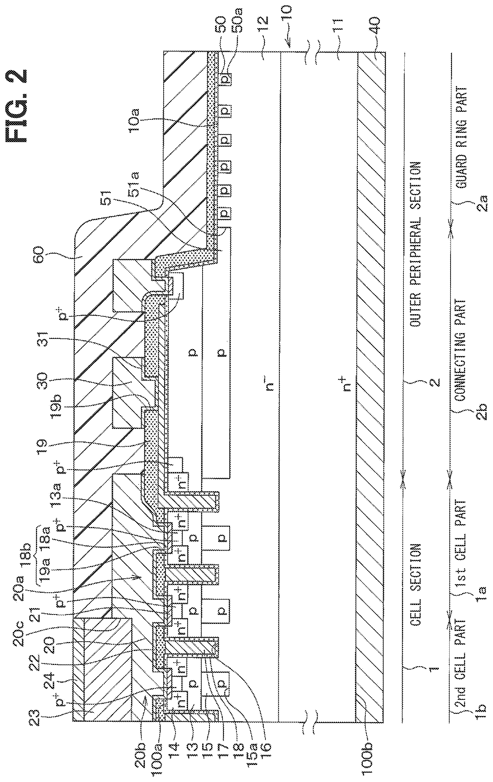 Patent US12100763 Figure 2 – Semiconductor device having cell section with gate structures partly covered with protective film