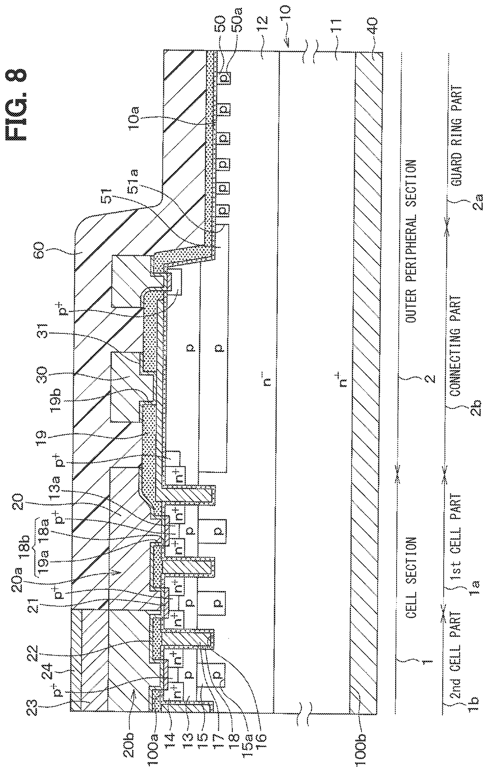 Patent US12100763 Figure 8 – Semiconductor device having cell section with gate structures partly covered with protective film