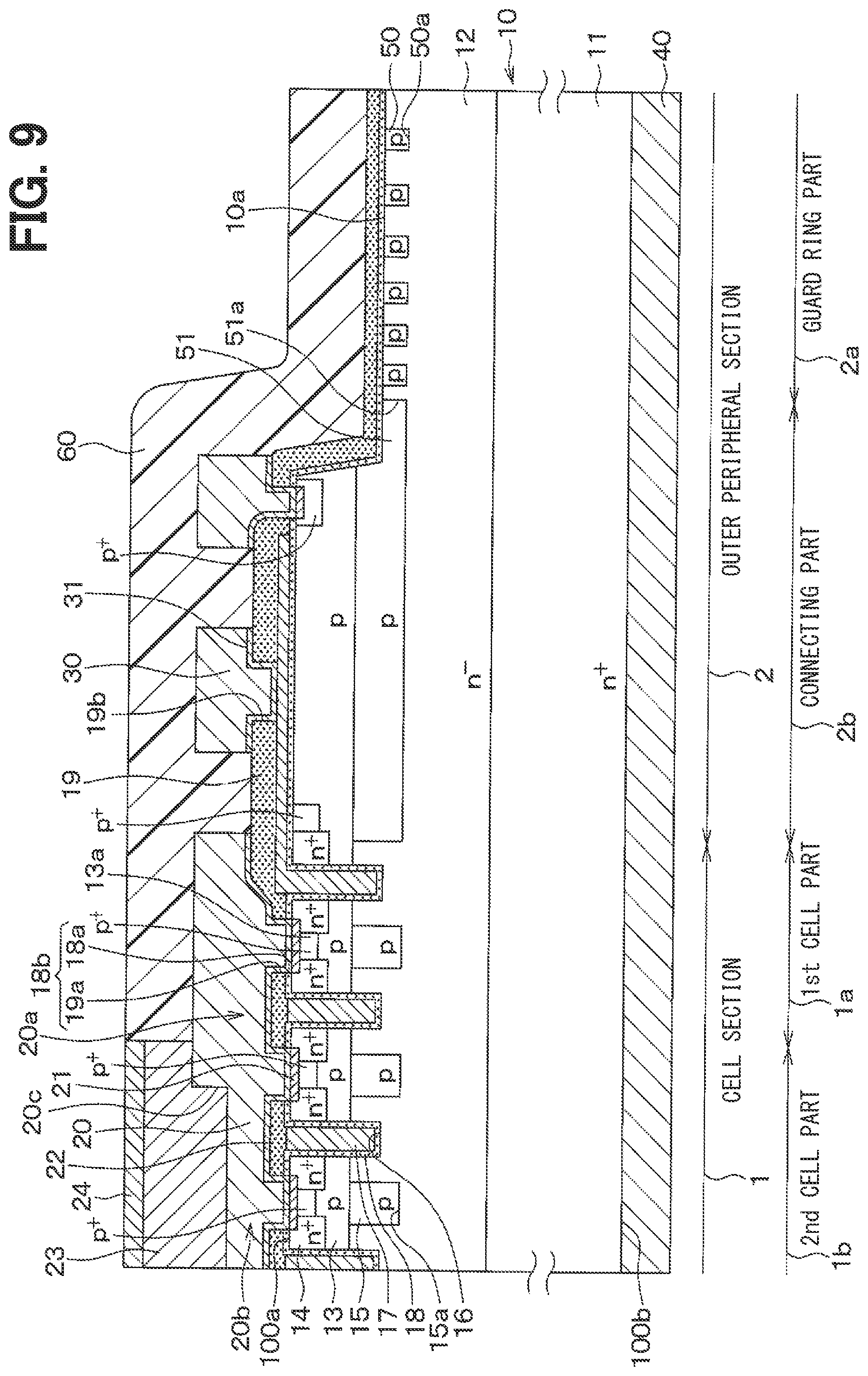 Patent US12100763 Figure 9 – Semiconductor device having cell section with gate structures partly covered with protective film