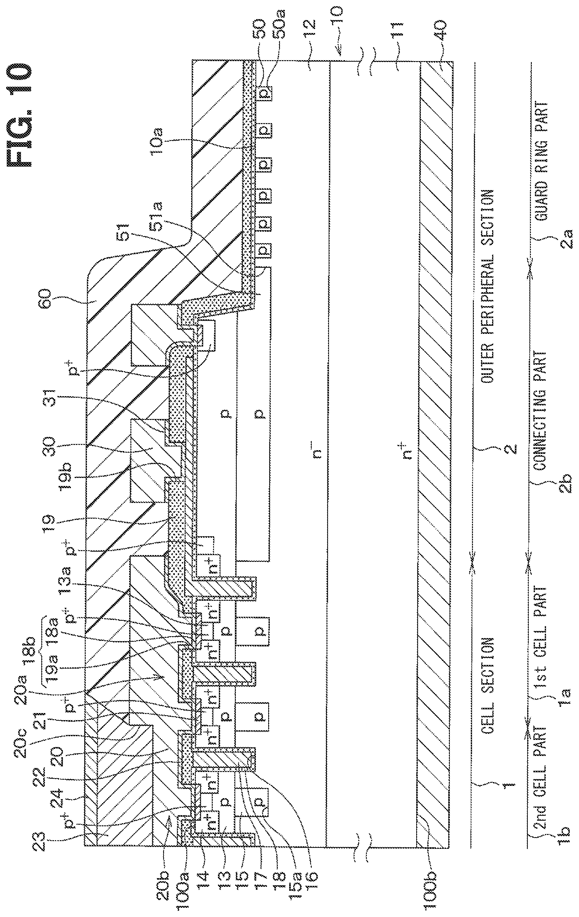 Patent US12100763 Figure 10 – Semiconductor device having cell section with gate structures partly covered with protective film