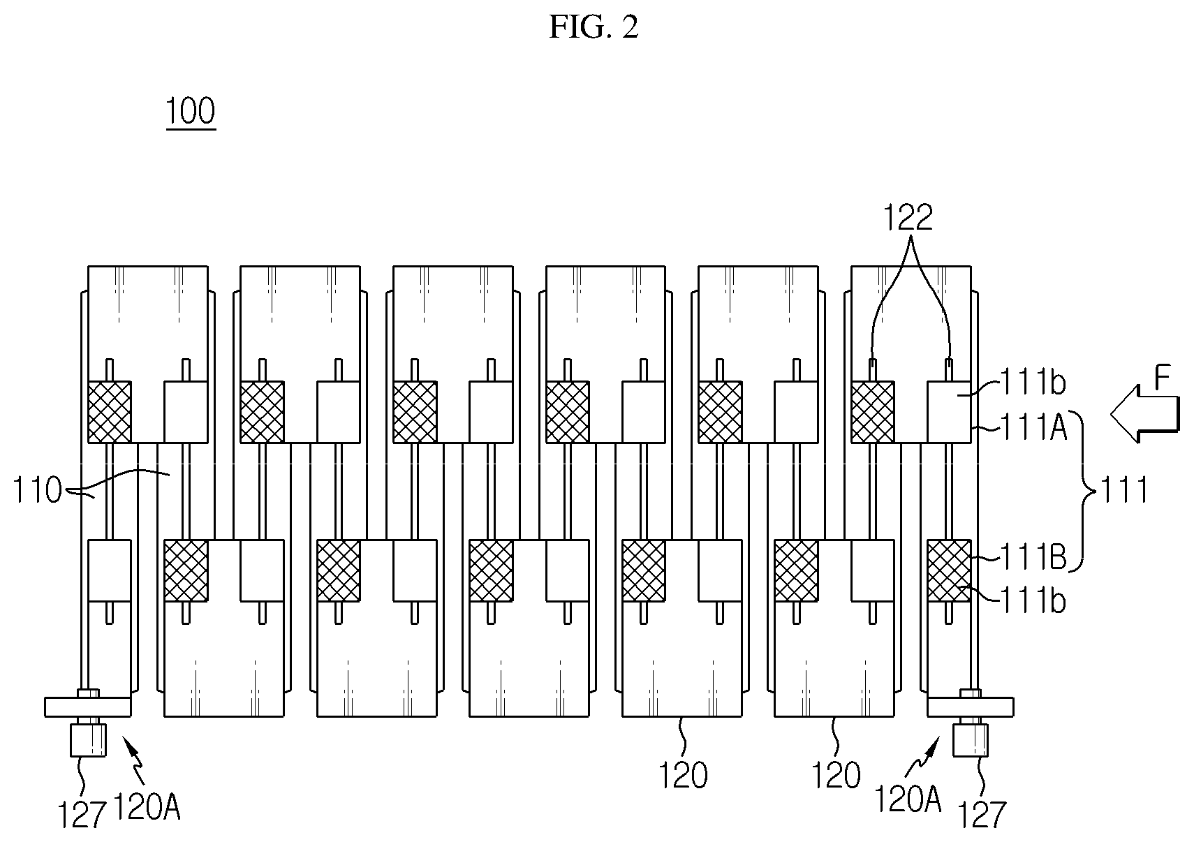 Patent US12100849 Figure 2 – Battery module including secondary battery and bus bar