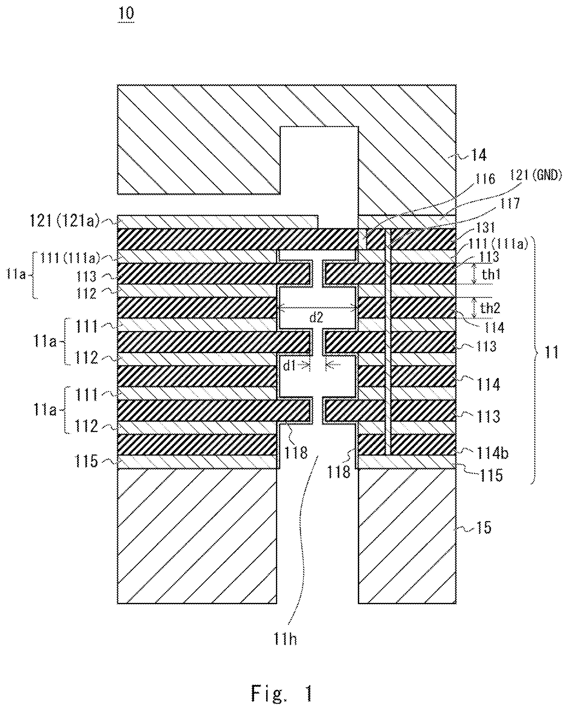 Patent US12100880 Figure 1 – High-frequency module including a laminated filter having alternating conductive and dielectric layers and a through hole extending through the filter for coupling to a transmission line