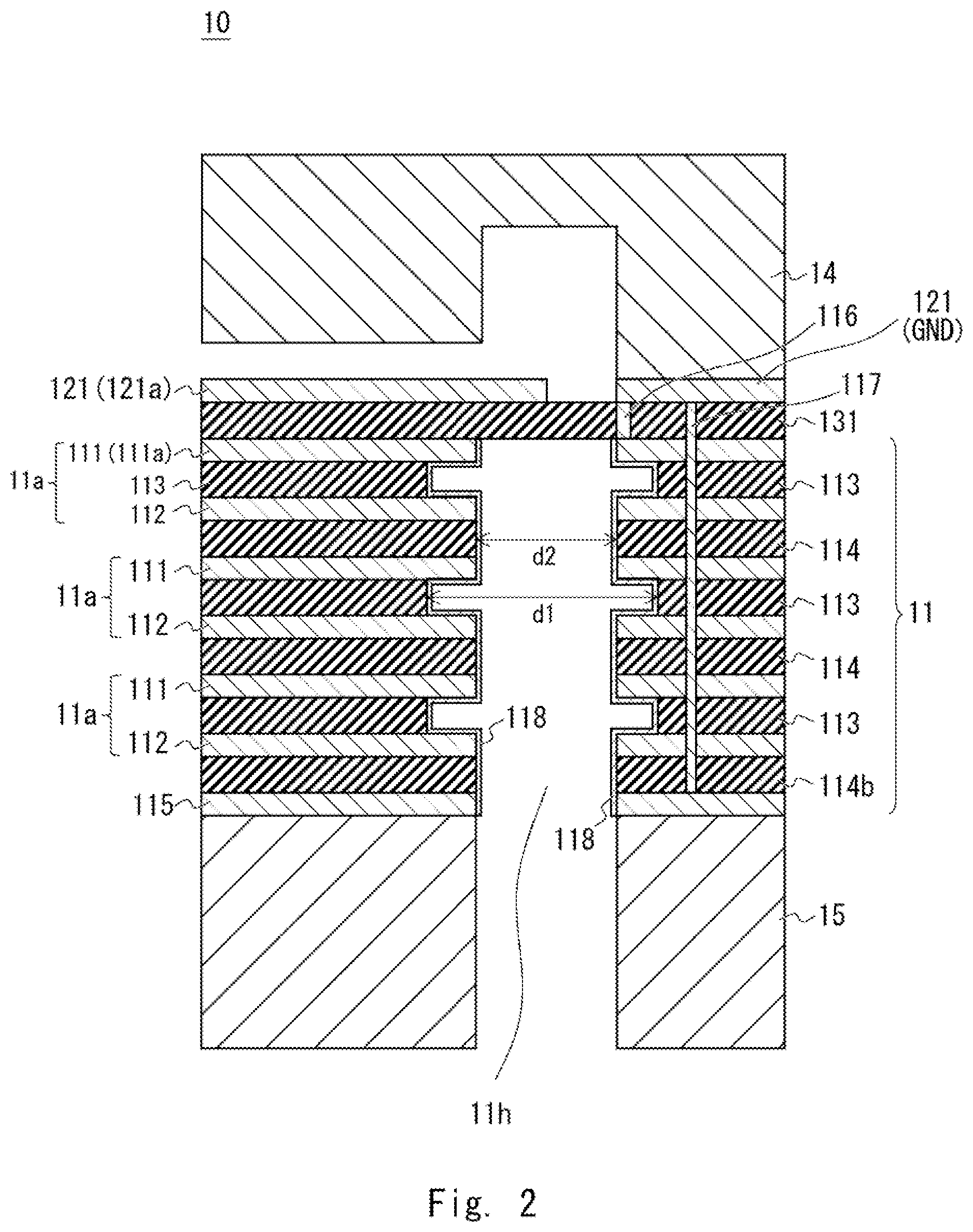 Patent US12100880 Figure 2 – High-frequency module including a laminated filter having alternating conductive and dielectric layers and a through hole extending through the filter for coupling to a transmission line