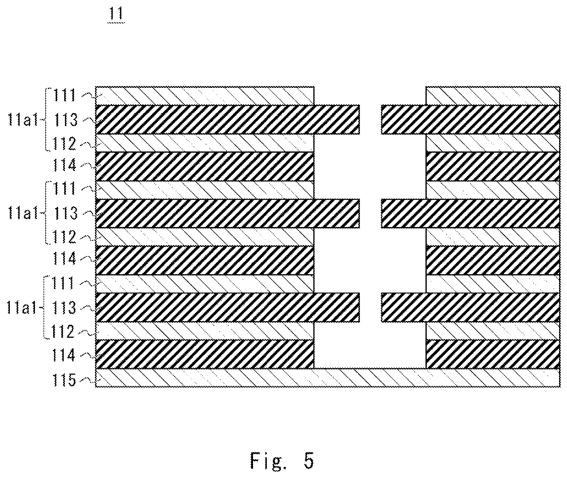 Patent US12100880 Figure 5 – High-frequency module including a laminated filter having alternating conductive and dielectric layers and a through hole extending through the filter for coupling to a transmission line