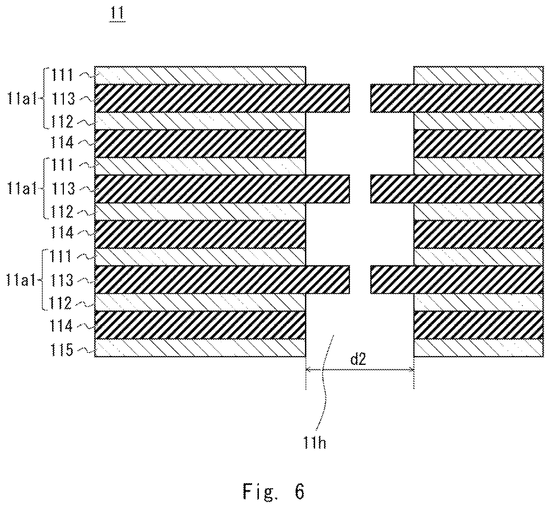 Patent US12100880 Figure 6 – High-frequency module including a laminated filter having alternating conductive and dielectric layers and a through hole extending through the filter for coupling to a transmission line