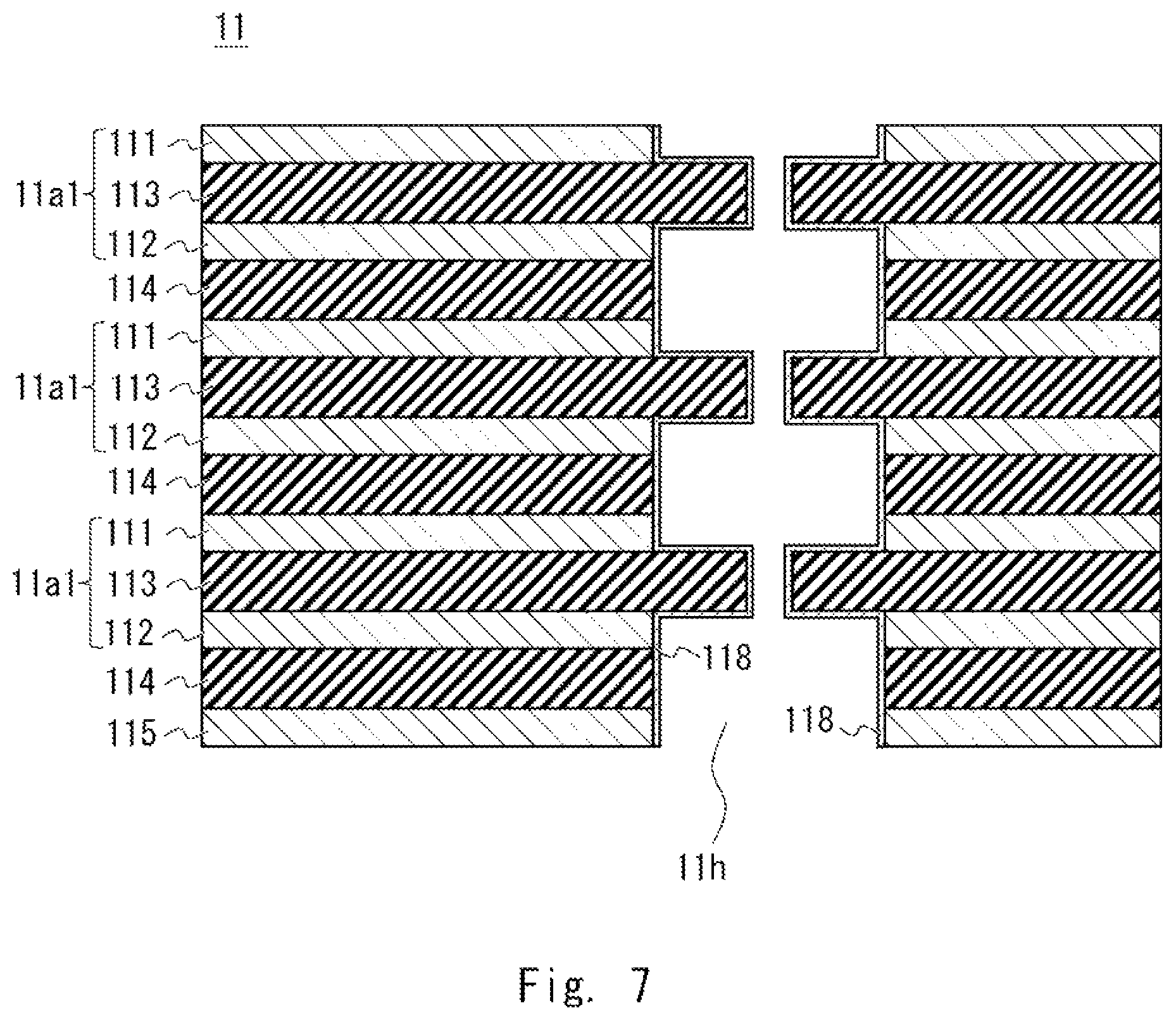 Patent US12100880 Figure 7 – High-frequency module including a laminated filter having alternating conductive and dielectric layers and a through hole extending through the filter for coupling to a transmission line
