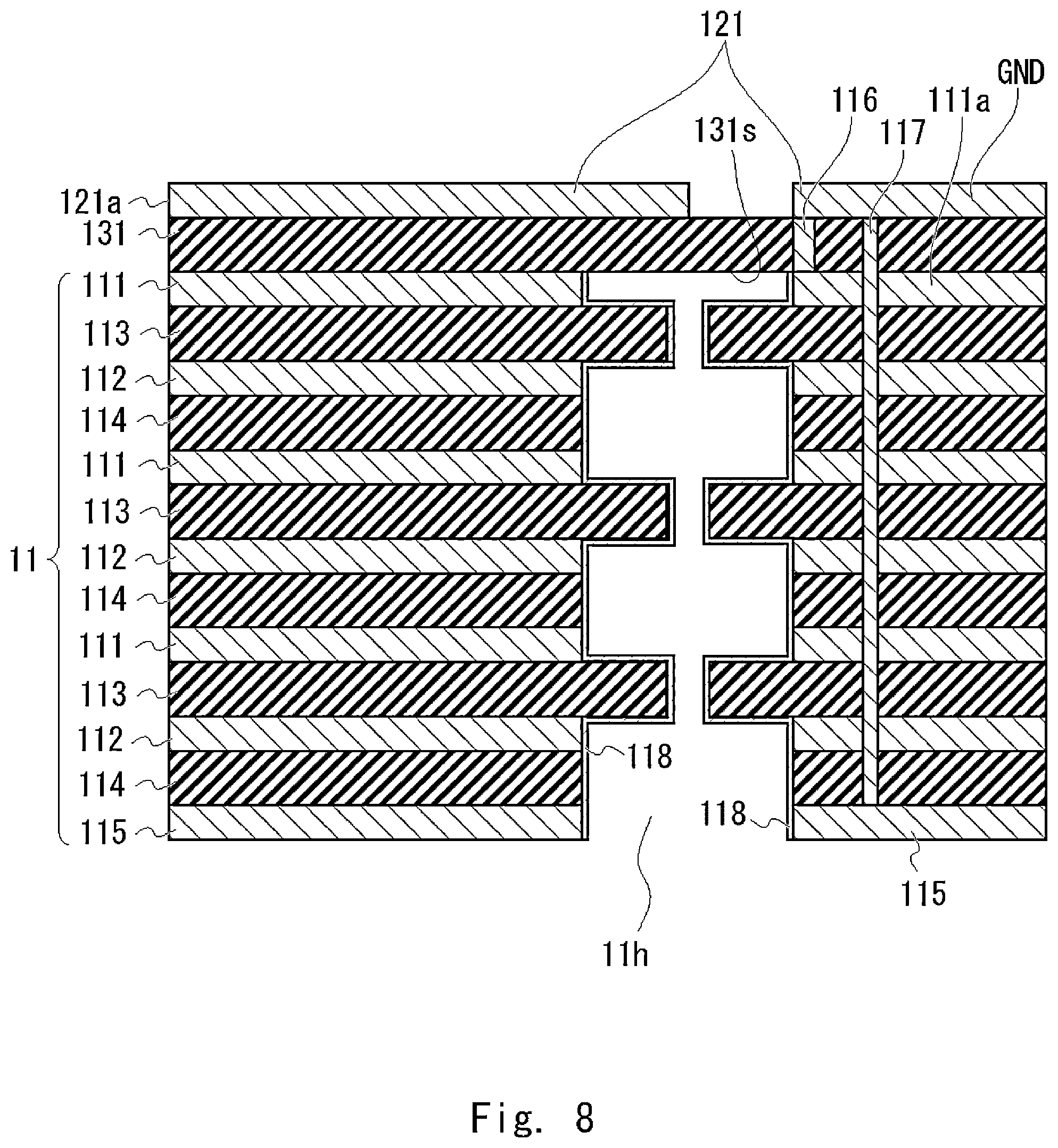 Patent US12100880 Figure 8 – High-frequency module including a laminated filter having alternating conductive and dielectric layers and a through hole extending through the filter for coupling to a transmission line