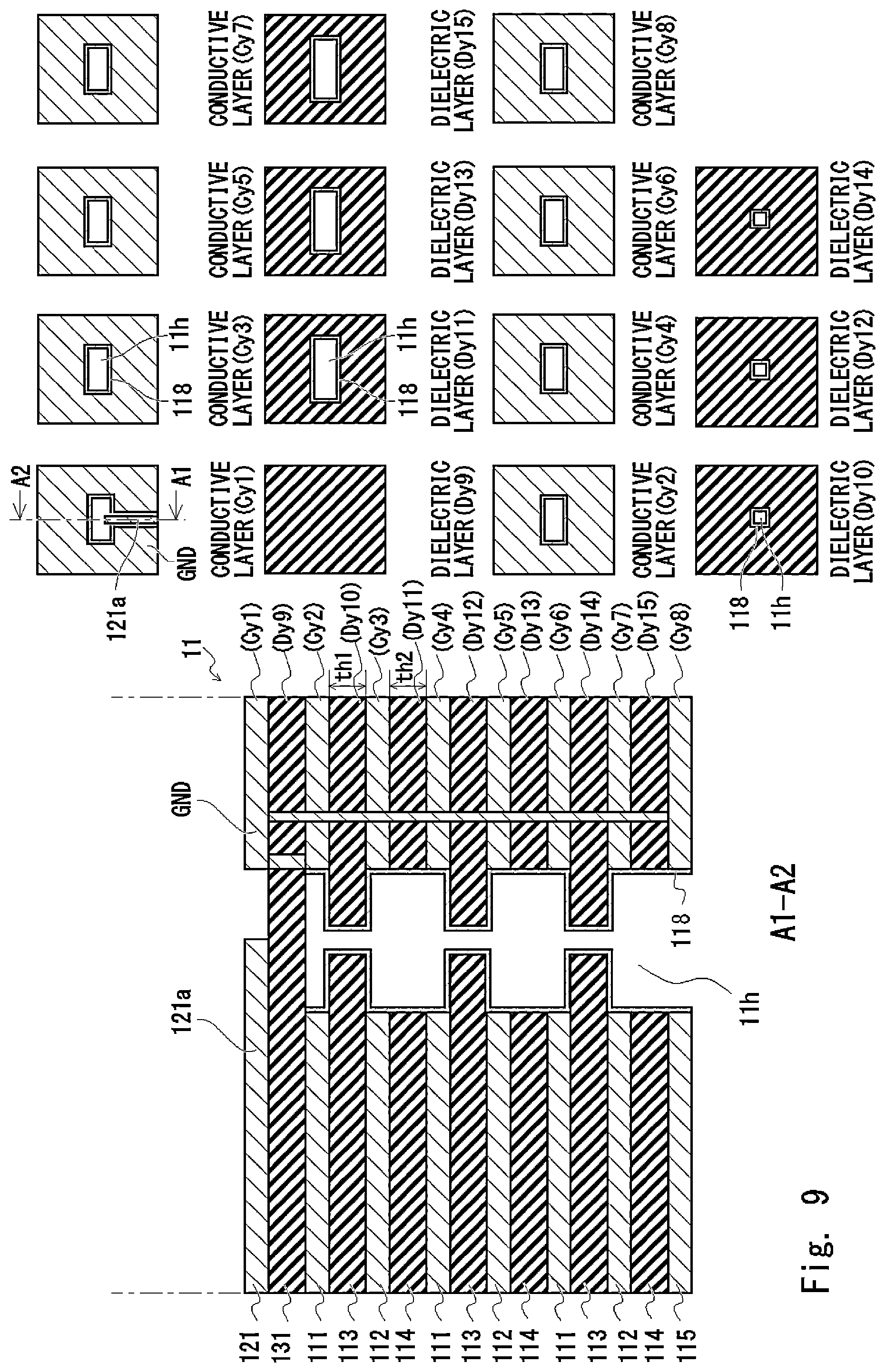Patent US12100880 Figure 9 – High-frequency module including a laminated filter having alternating conductive and dielectric layers and a through hole extending through the filter for coupling to a transmission line