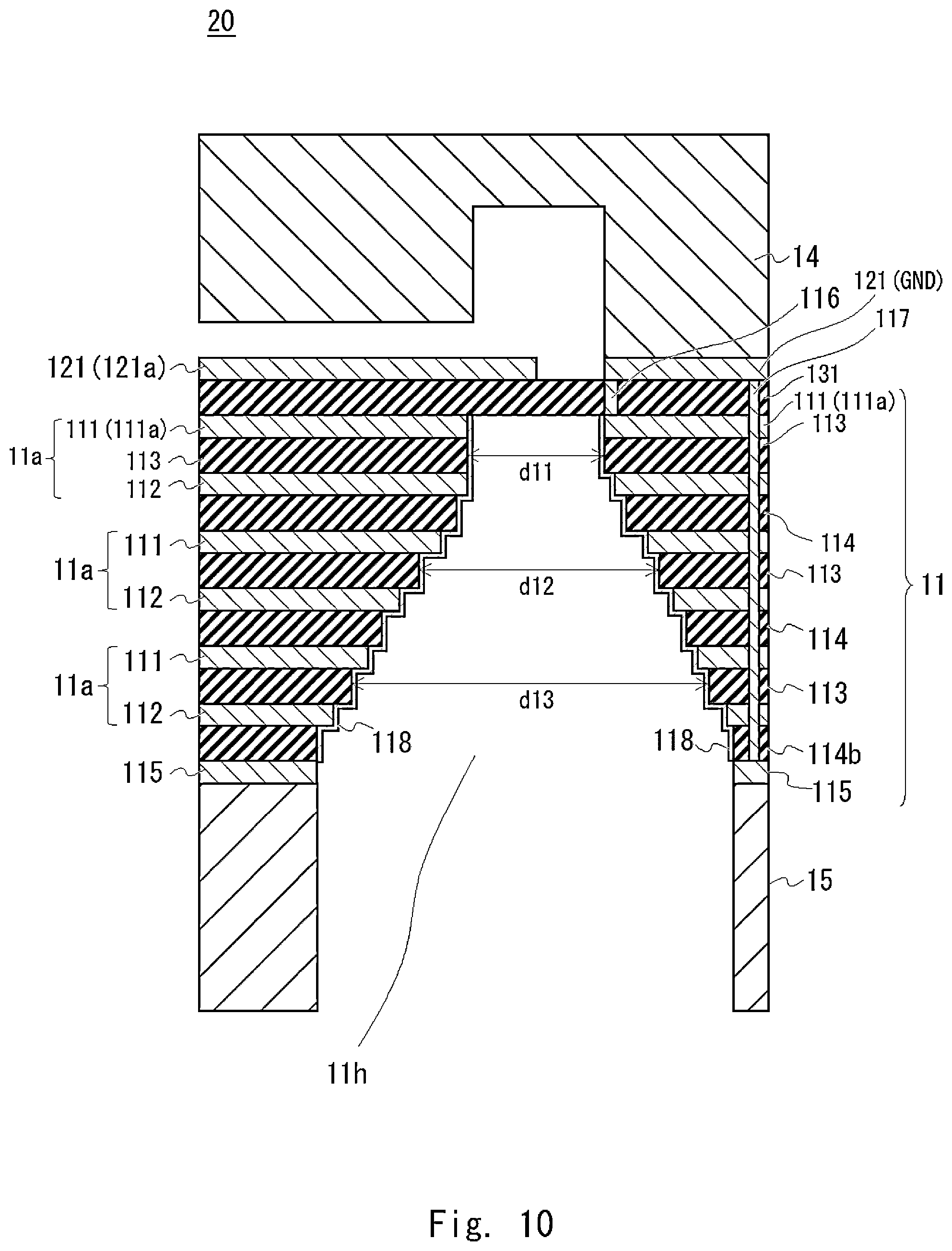 Patent US12100880 Figure 10 – High-frequency module including a laminated filter having alternating conductive and dielectric layers and a through hole extending through the filter for coupling to a transmission line