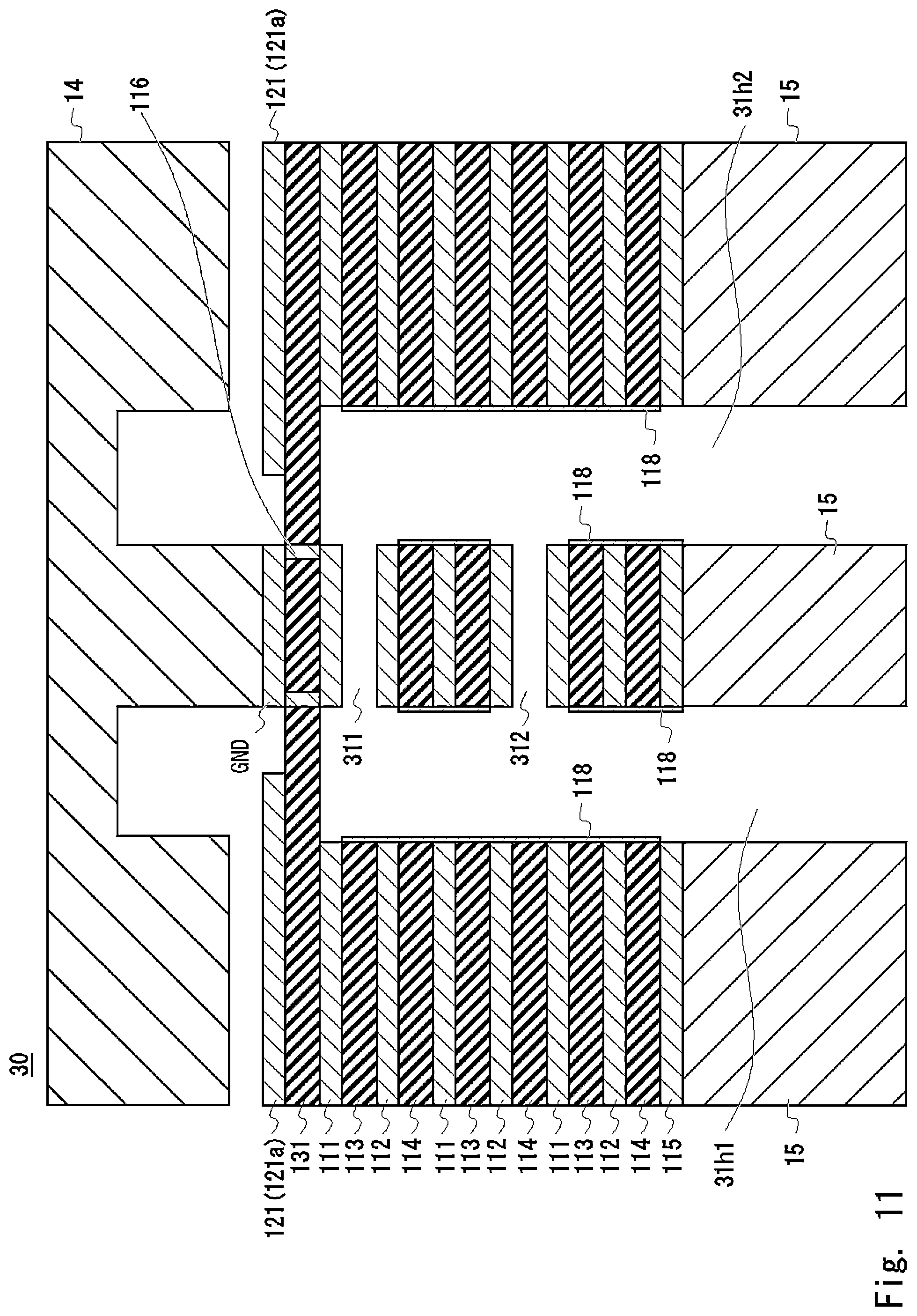 Patent US12100880 Figure 11 – High-frequency module including a laminated filter having alternating conductive and dielectric layers and a through hole extending through the filter for coupling to a transmission line
