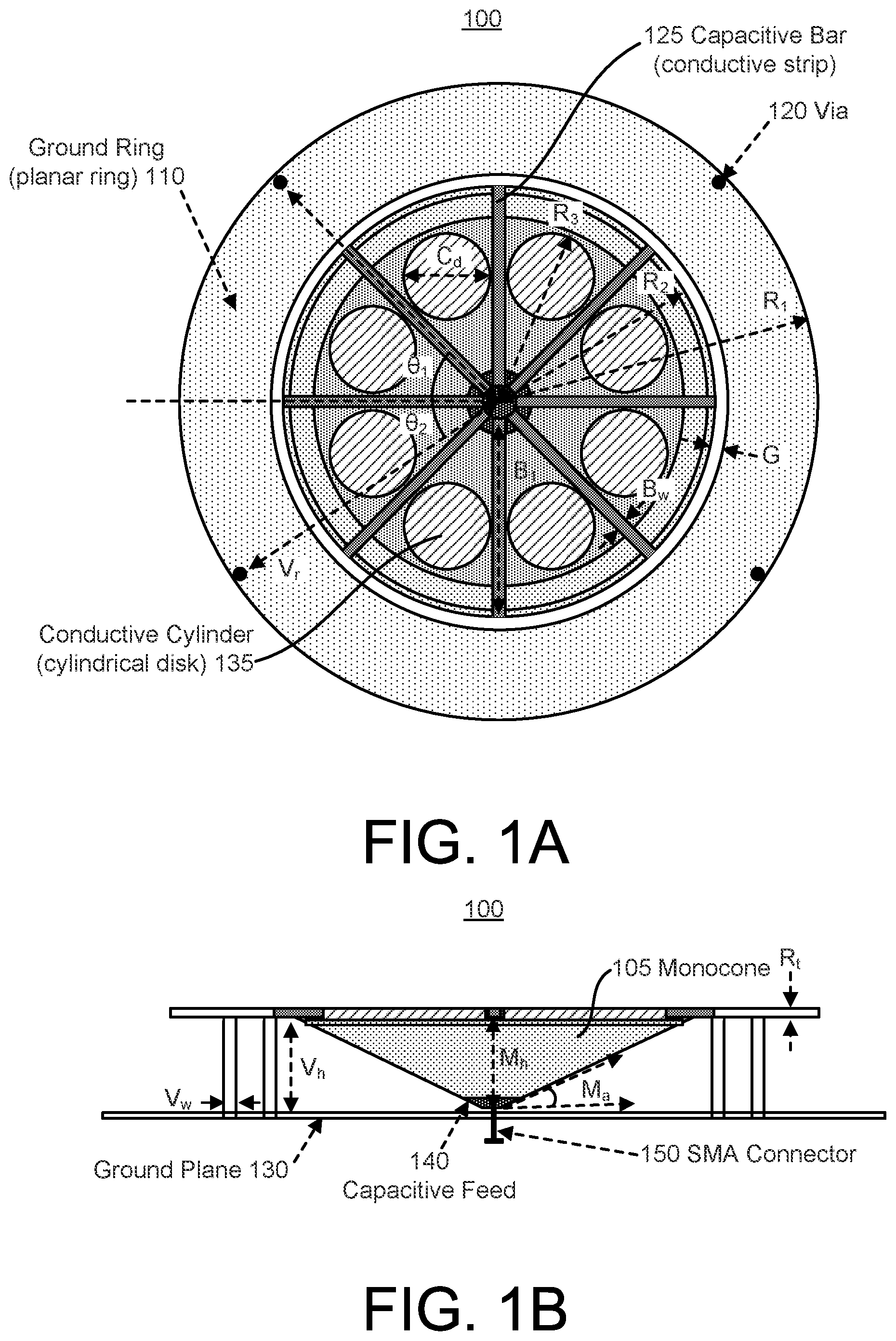 Patent US12100883 — Ultrawide bandwidth, low-cost, roof-top mountable, low-profile, monocone antenna for vehicle-to-everything (V2X) communication — Figure 1