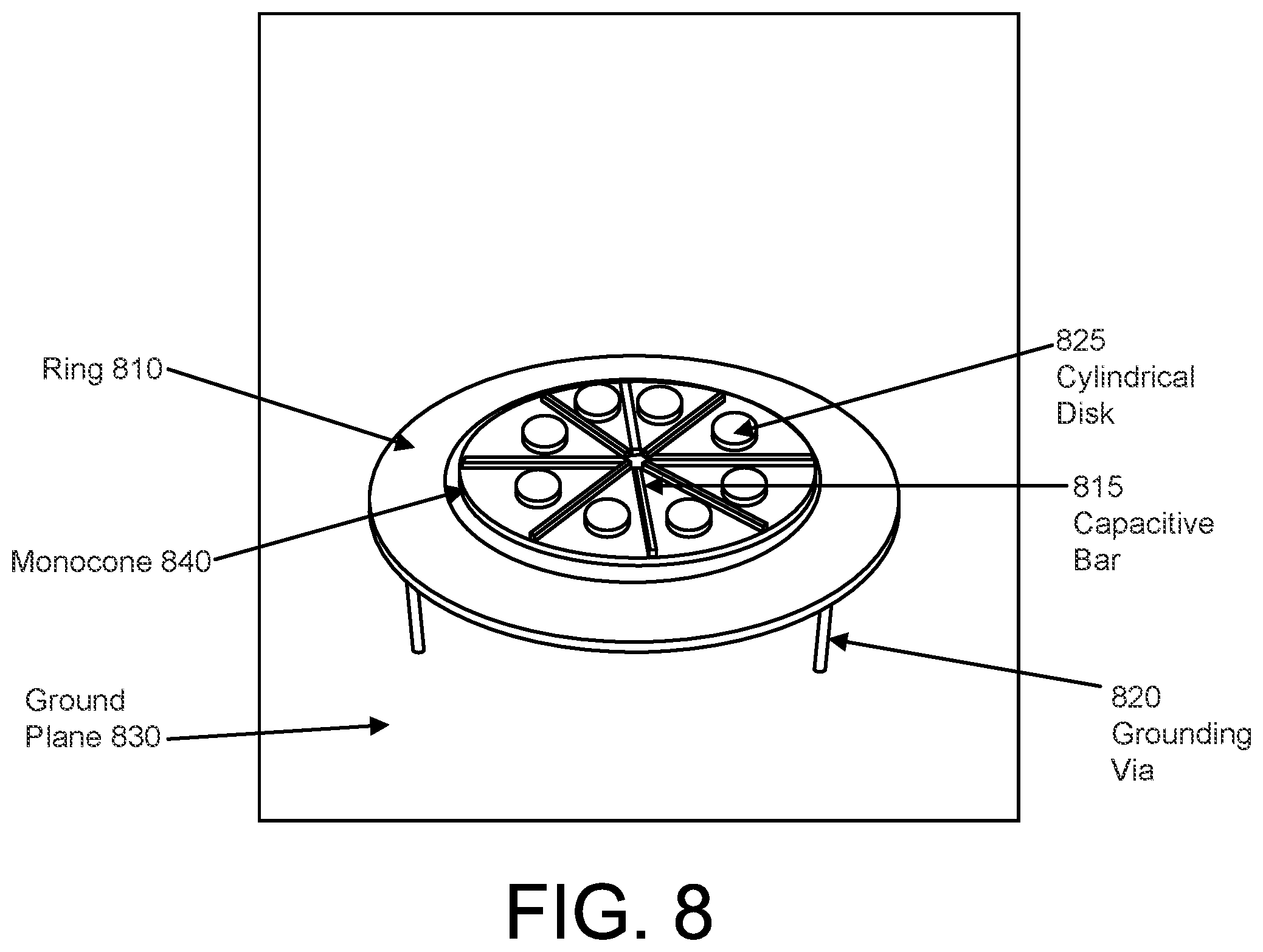 Patent US12100883 Figure 8 – Ultrawide bandwidth, low-cost, roof-top mountable, low-profile, monocone antenna for vehicle-to-everything (V2X) communication