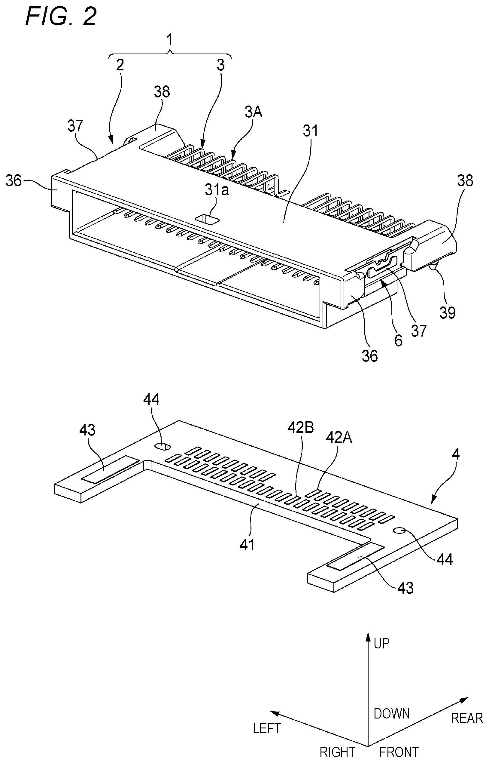 Patent US12100907 Figure 2 – Board mount connector and connector-mounted board