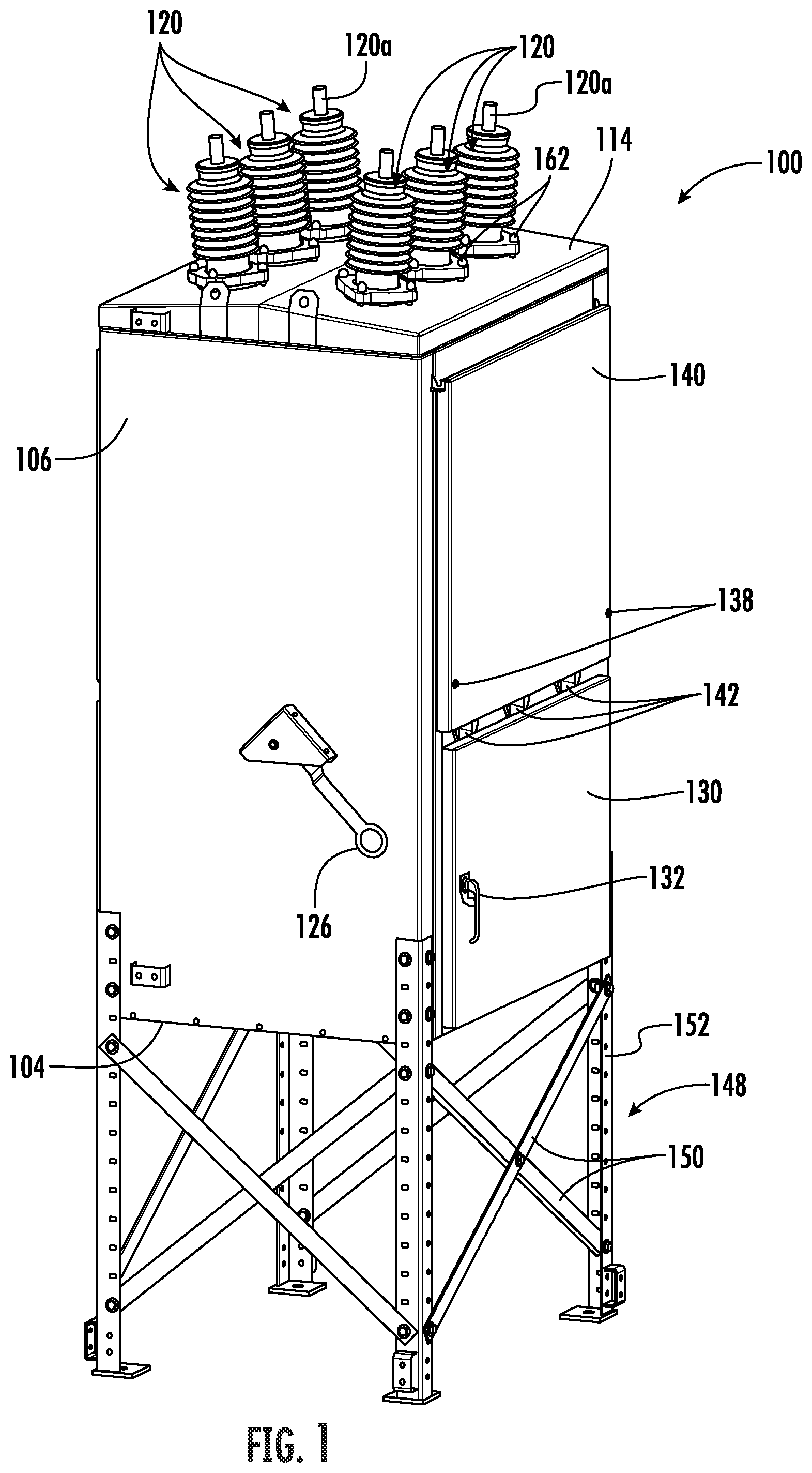 Patent US12100939 Figure 1 – Circuit breaker with terminal bushings having dynamic seal