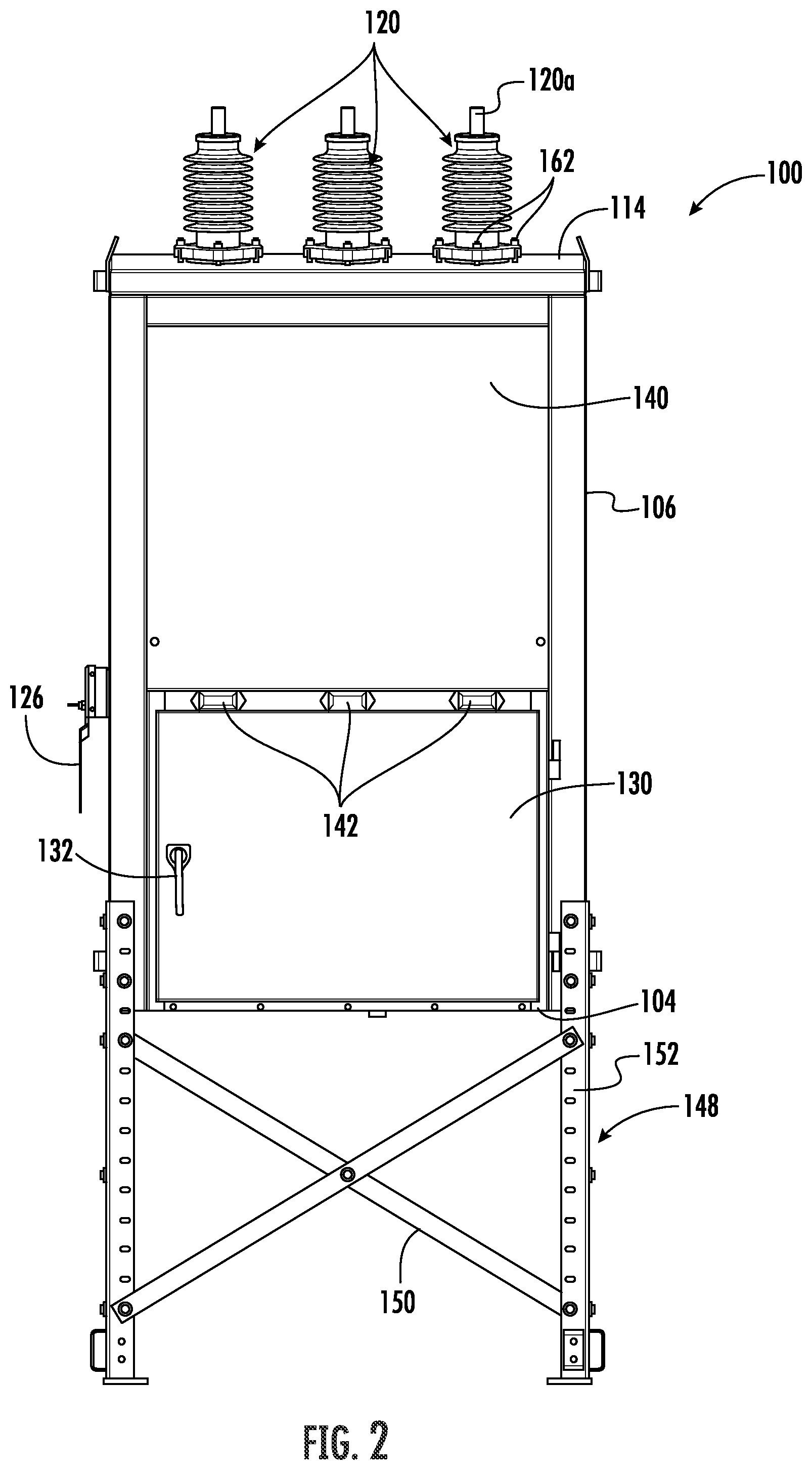 Patent US12100939 Figure 2 – Circuit breaker with terminal bushings having dynamic seal