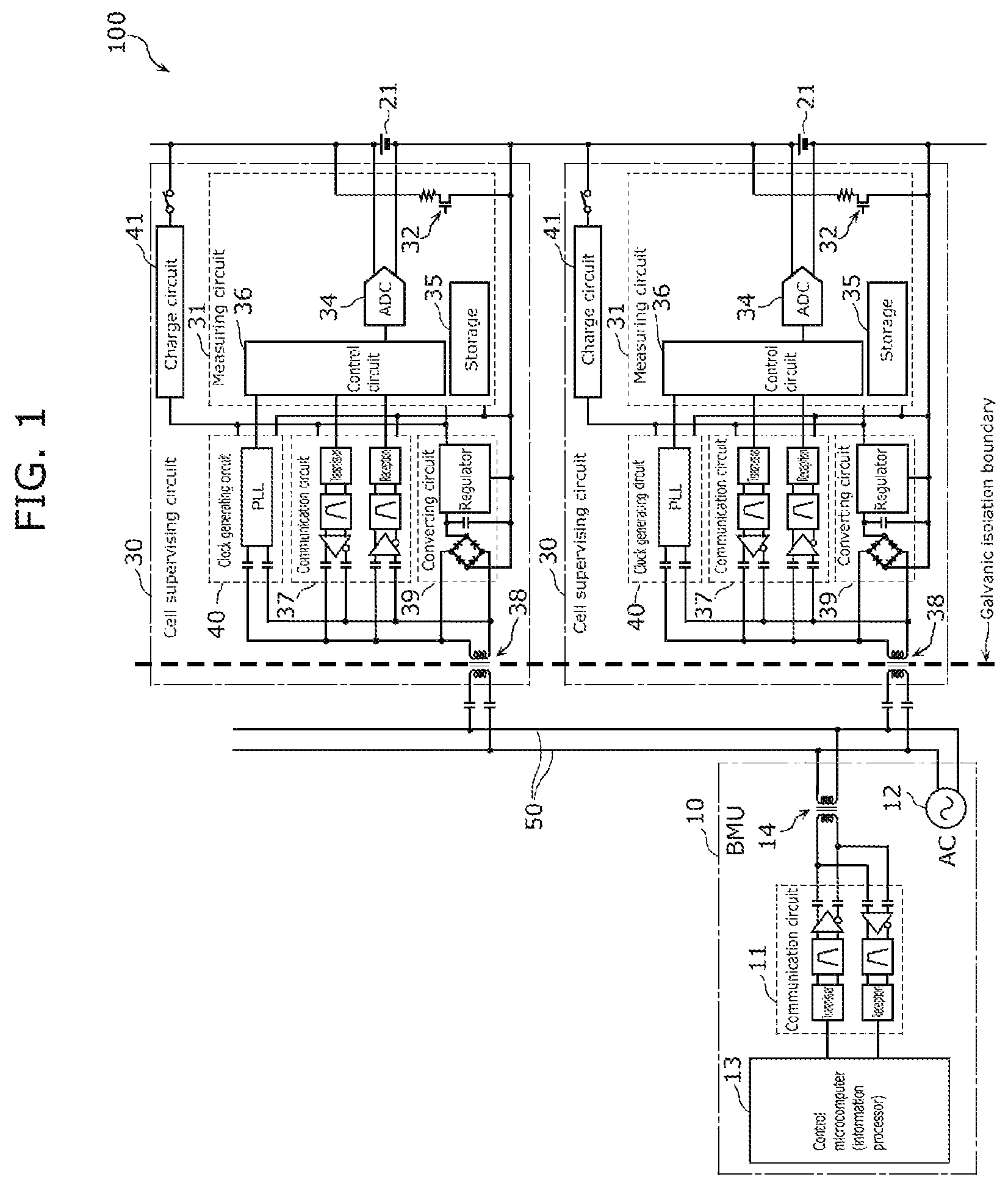 Patent US12100985 Figure 1 – Battery management system and cell supervising circuit
