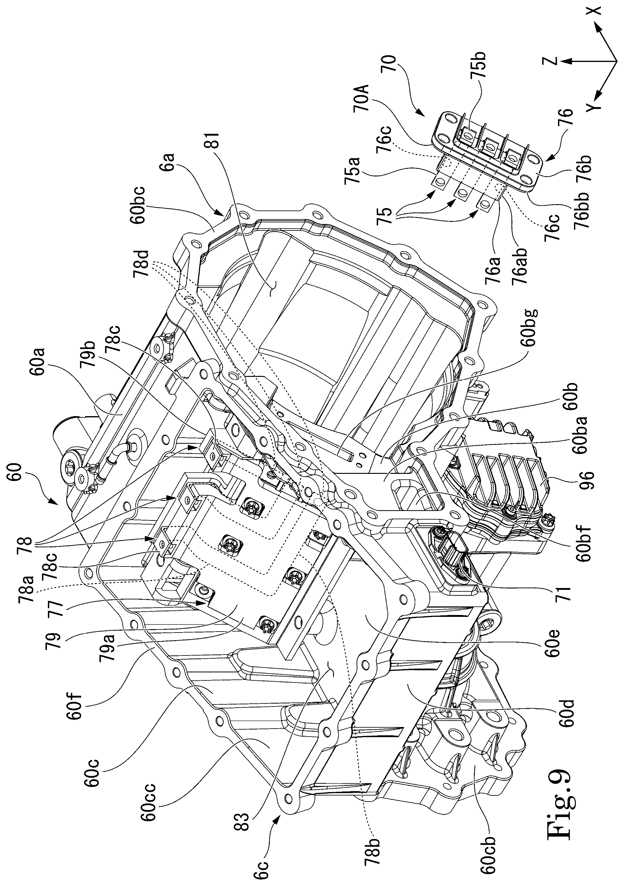 Patent US12101003 Figure 9 – Motor with inverter and bus bar arrangement