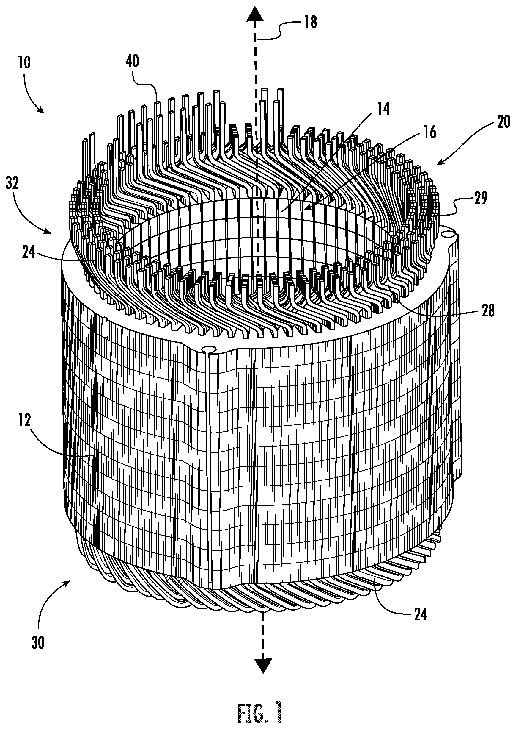 Patent US12101008 Figure 1 – Stator with different conductor twists to create phase shifting