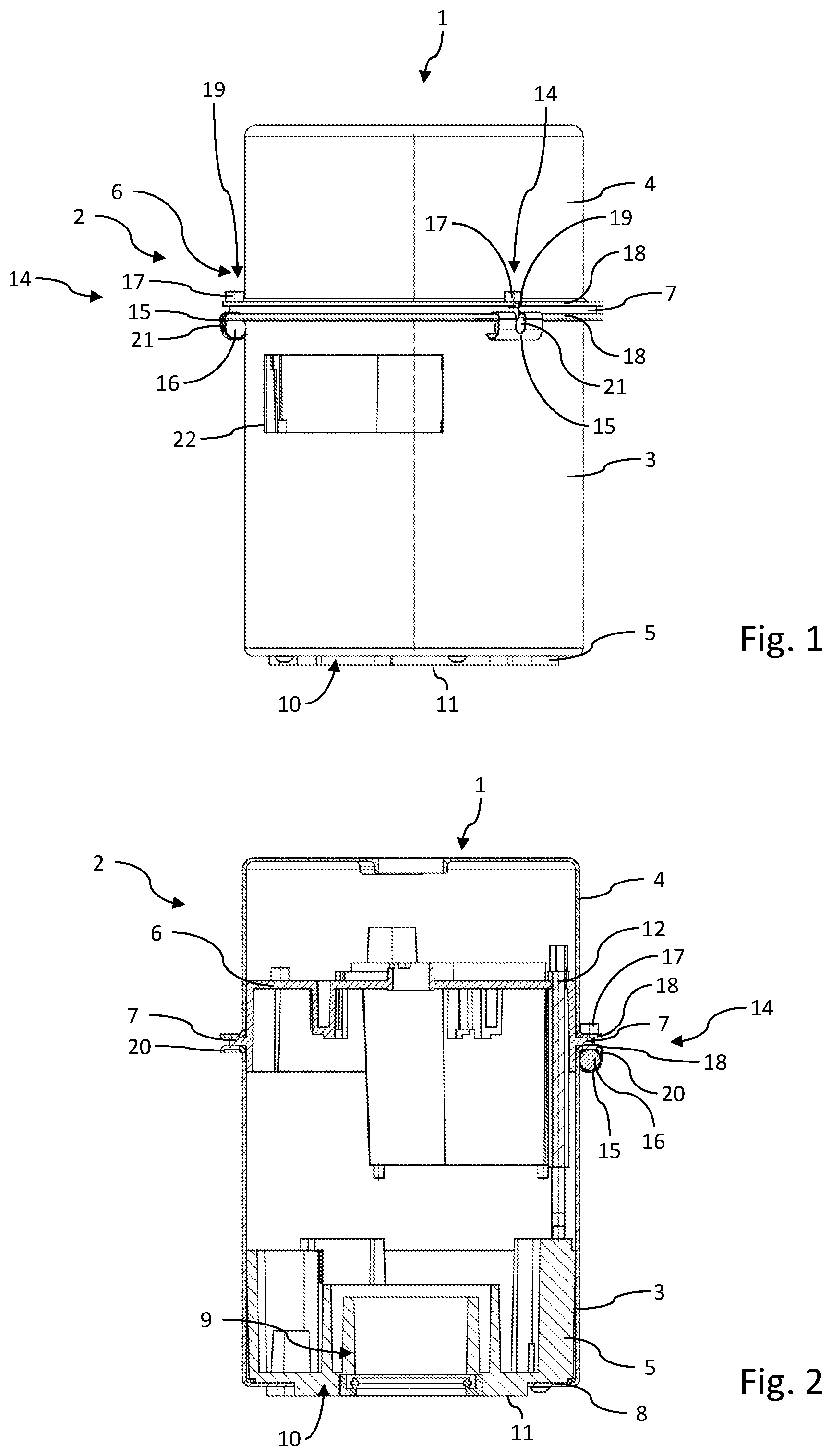 Patent US12101012 Figure 1 – Actuator with pot shaped housing parts connected with holding bracket having round nut and tensioning screw