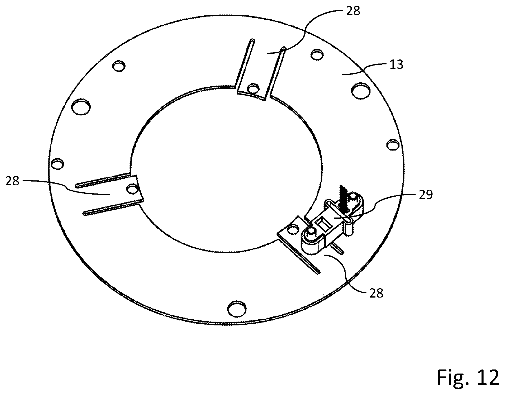Patent US12101012 Figure 6 – Actuator with pot shaped housing parts connected with holding bracket having round nut and tensioning screw