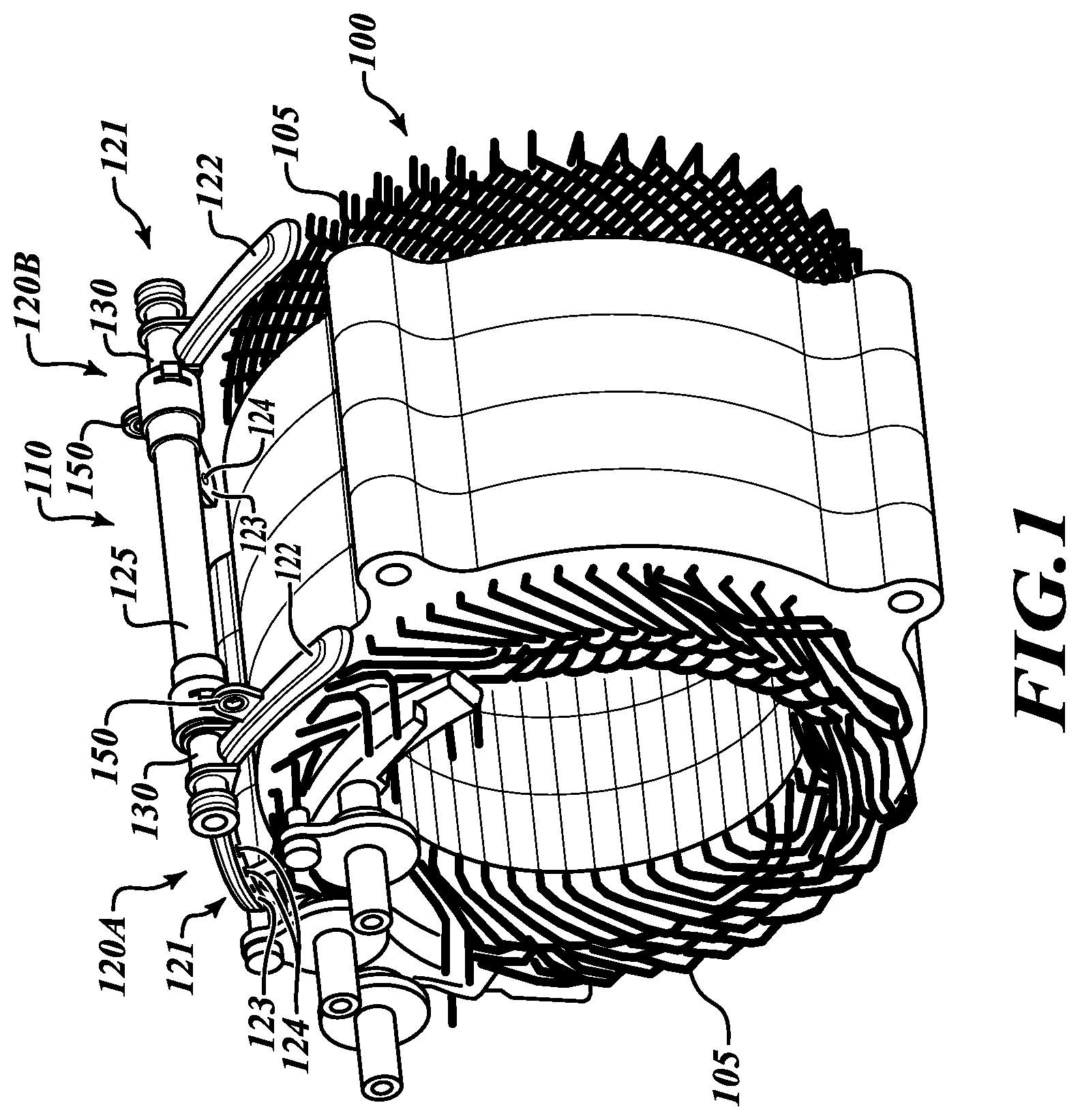 Patent US12101017 Figure 1 – Coolant fluid sprayer assembly for electric motor