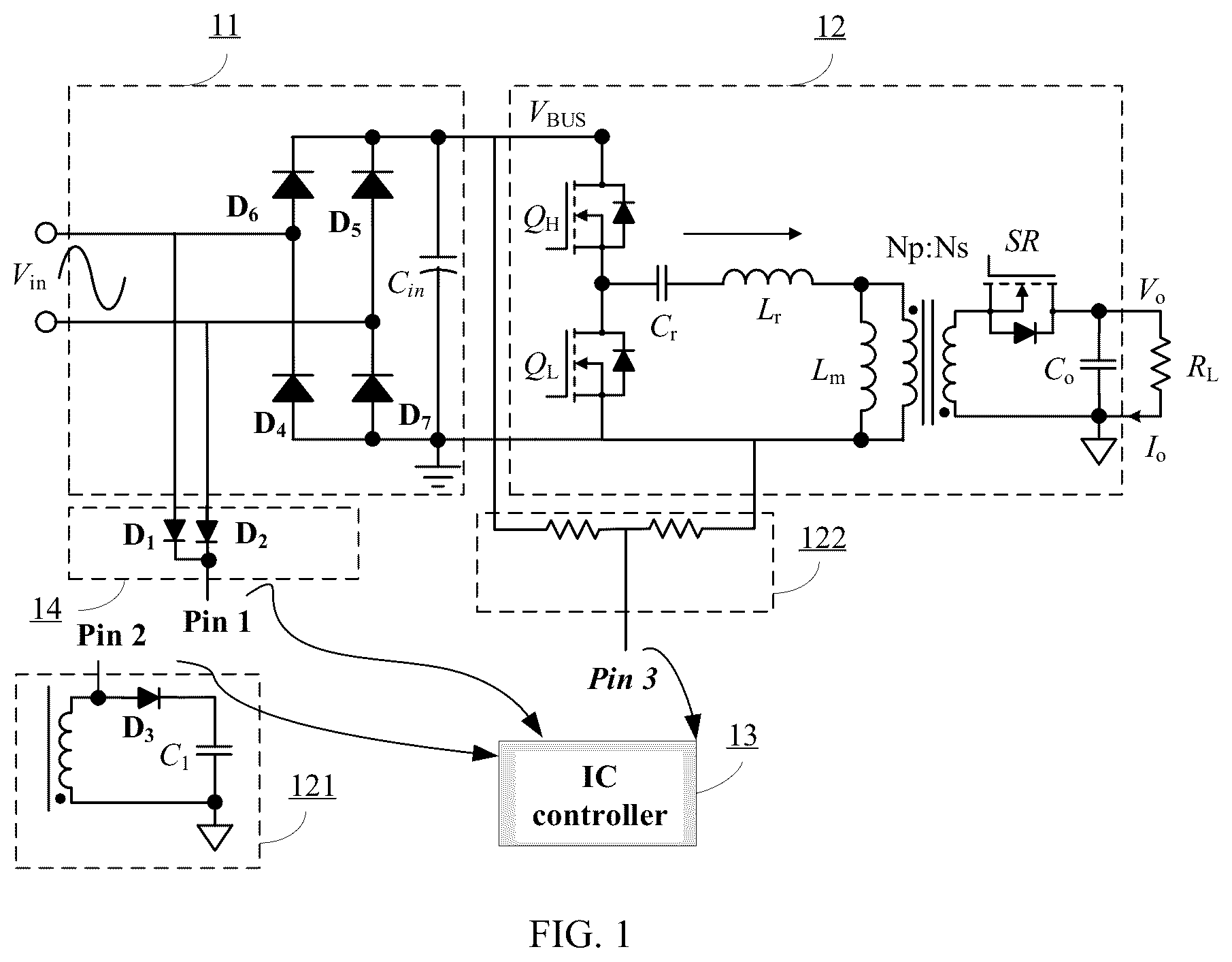 Patent US12101033 Figure 1 – Asymmetrical half-bridge flyback and control method
